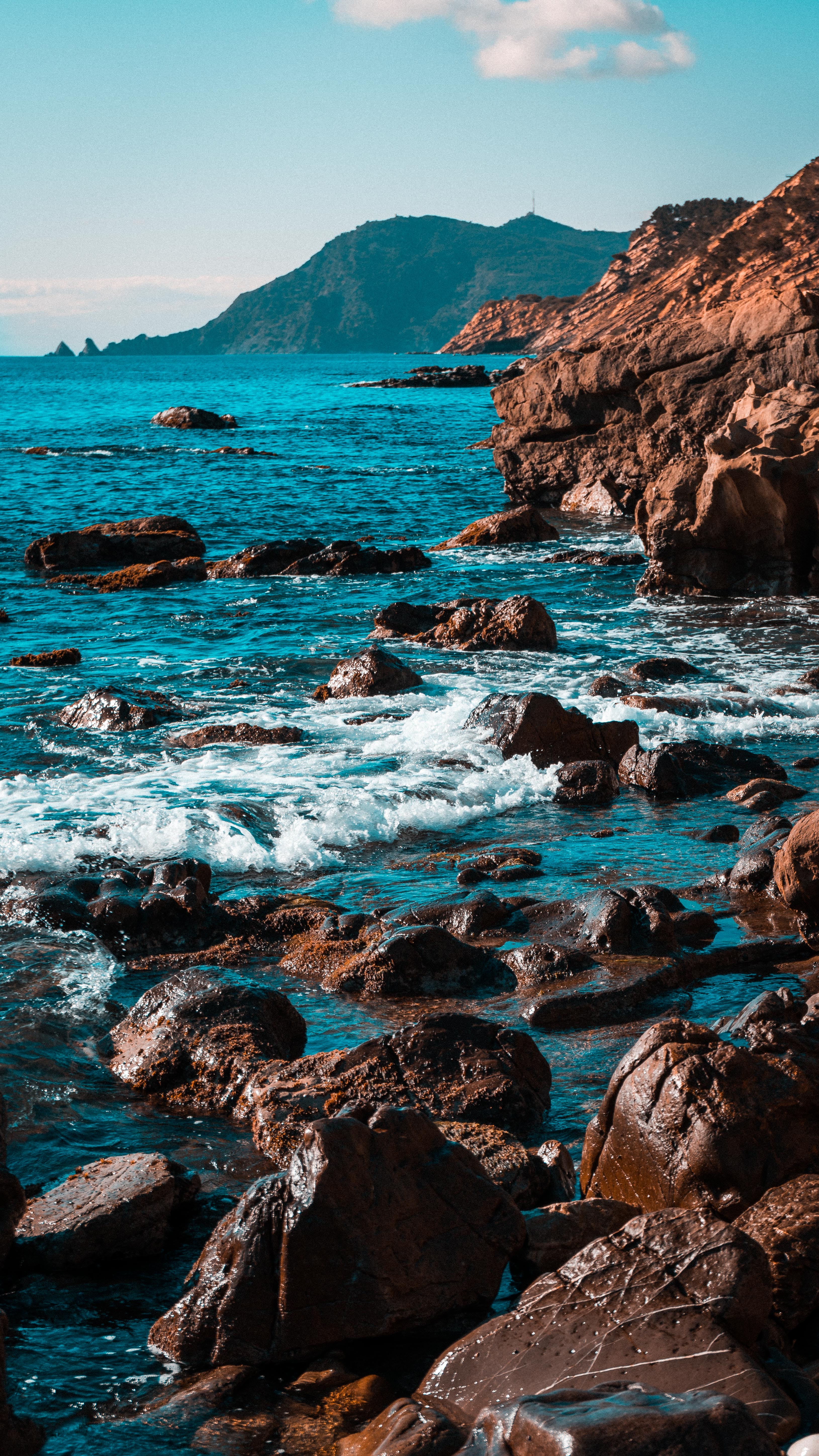waves, surf, mountains, rocks, nature Full HD