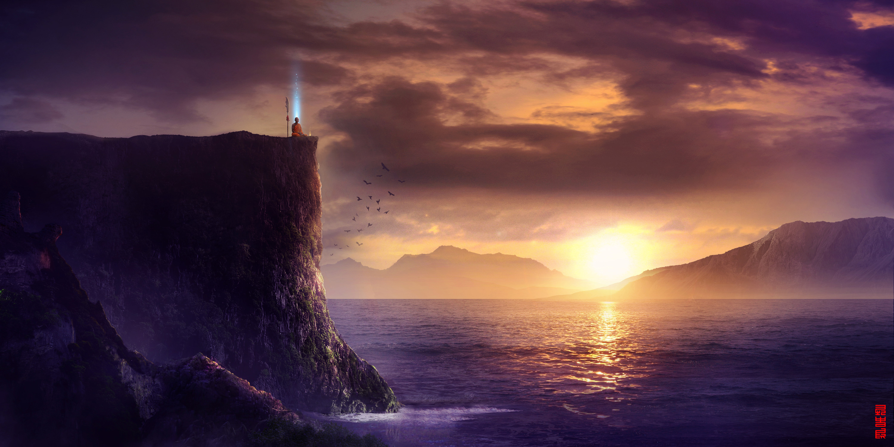 HD desktop wallpaper: Landscape, Fantasy, Sunset, Sea, Monk, Meditation  download free picture #570942