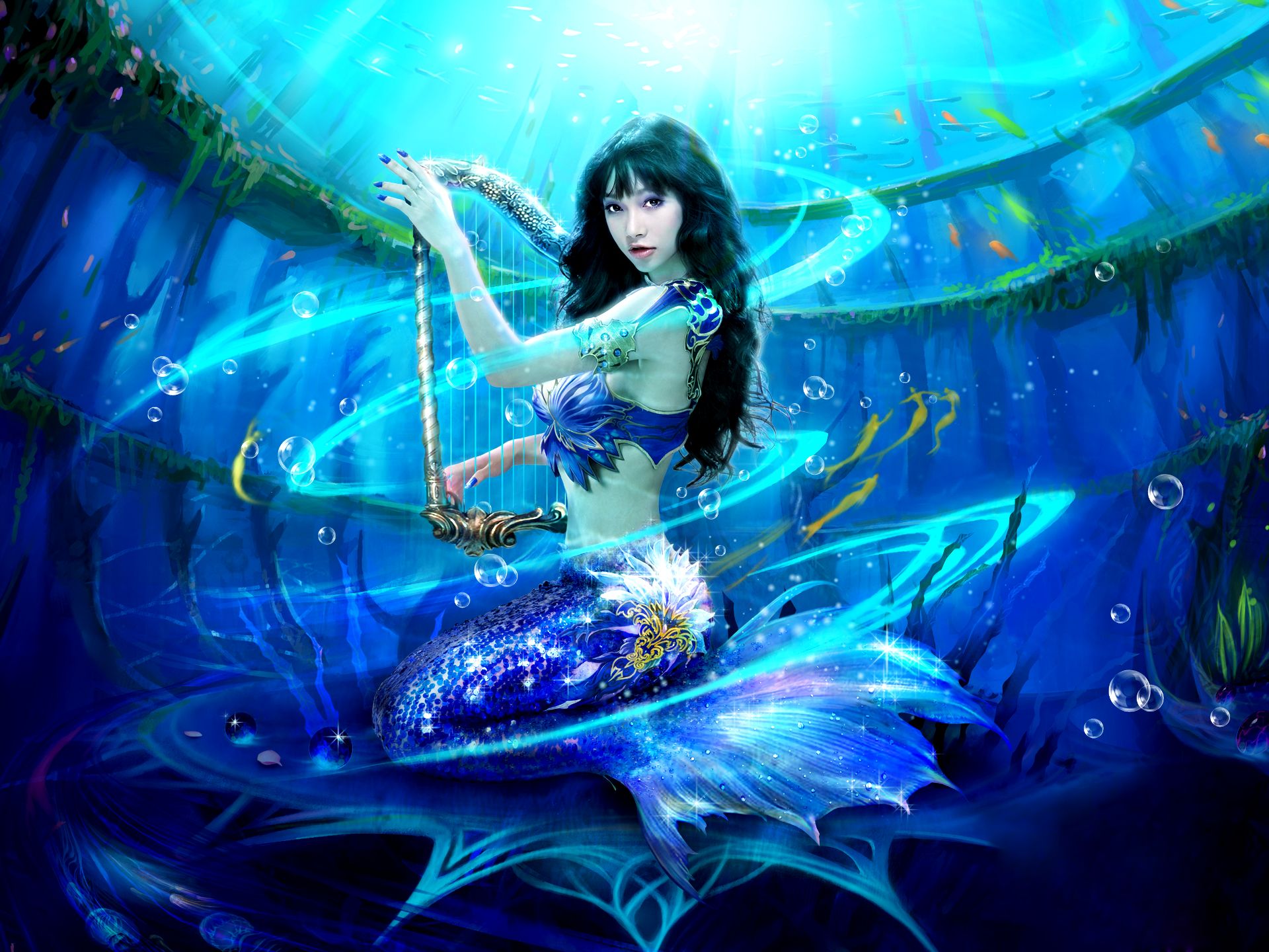 Mobile wallpaper: Fantasy, Underwater, Mermaid, Harp, Video Game, Perfect  World, 844094 download the picture for free.