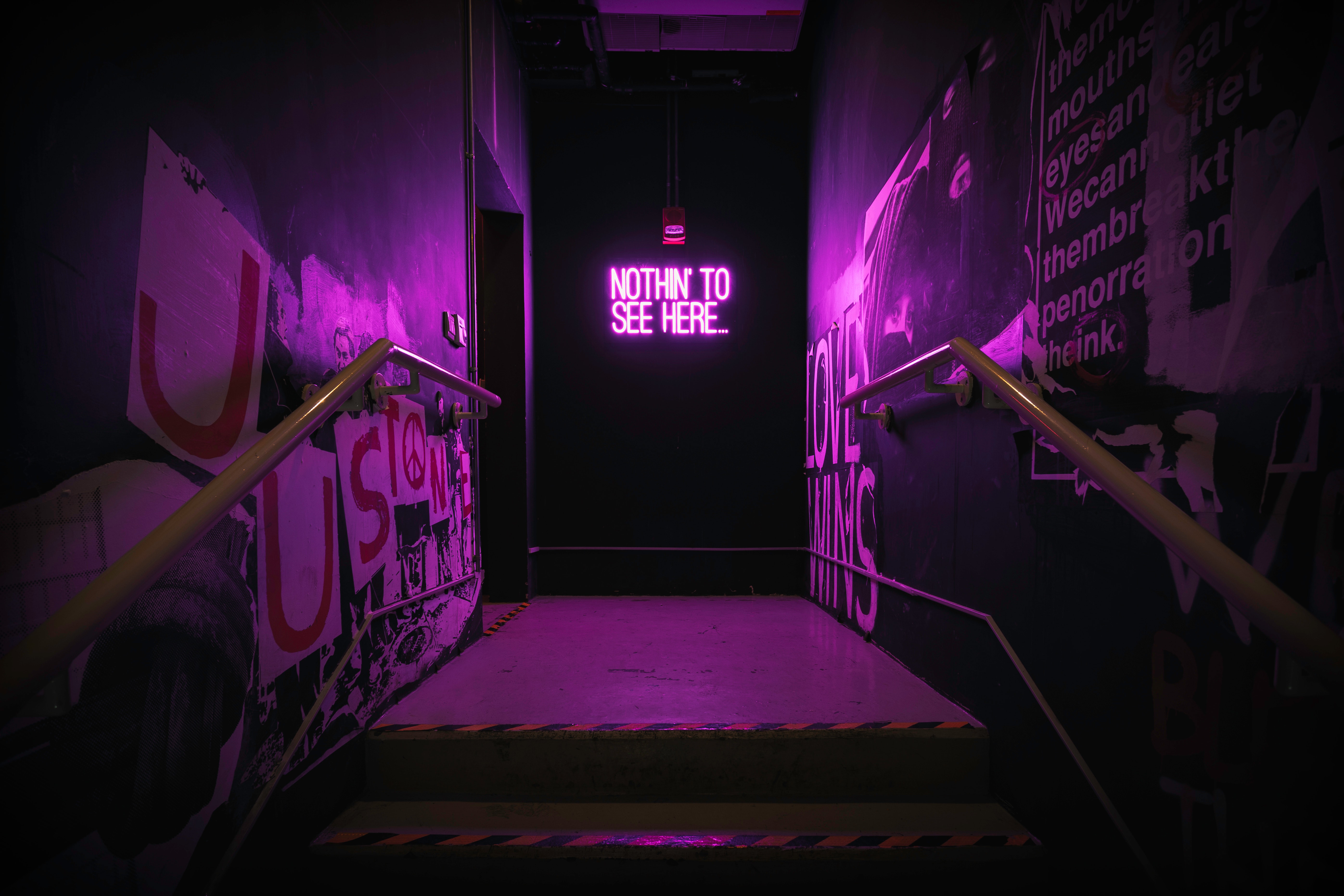 neon, purple, backlight, wall, violet, words, illumination, inscription QHD