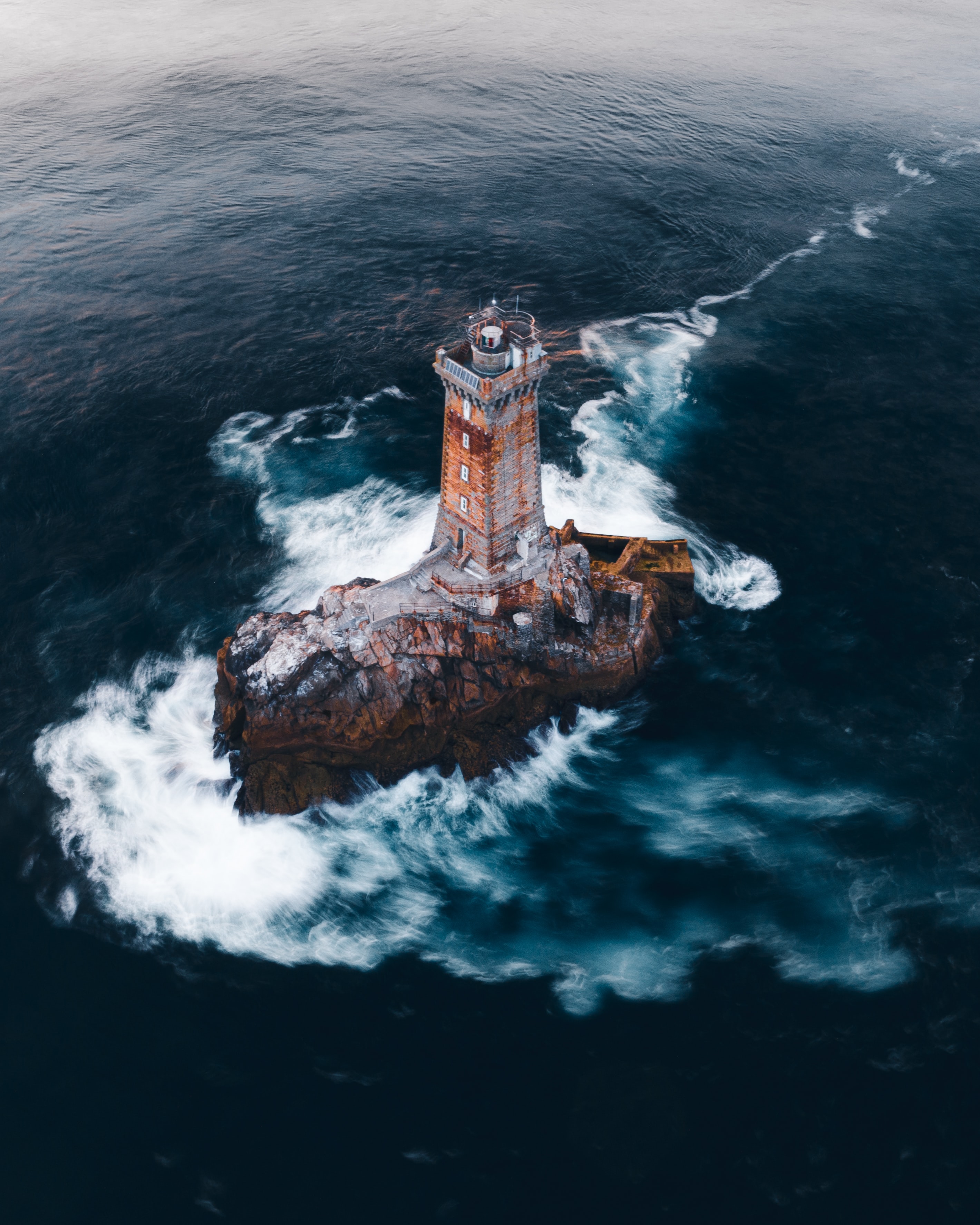 nature, lighthouse, sea, waves, rock, view from above Full HD