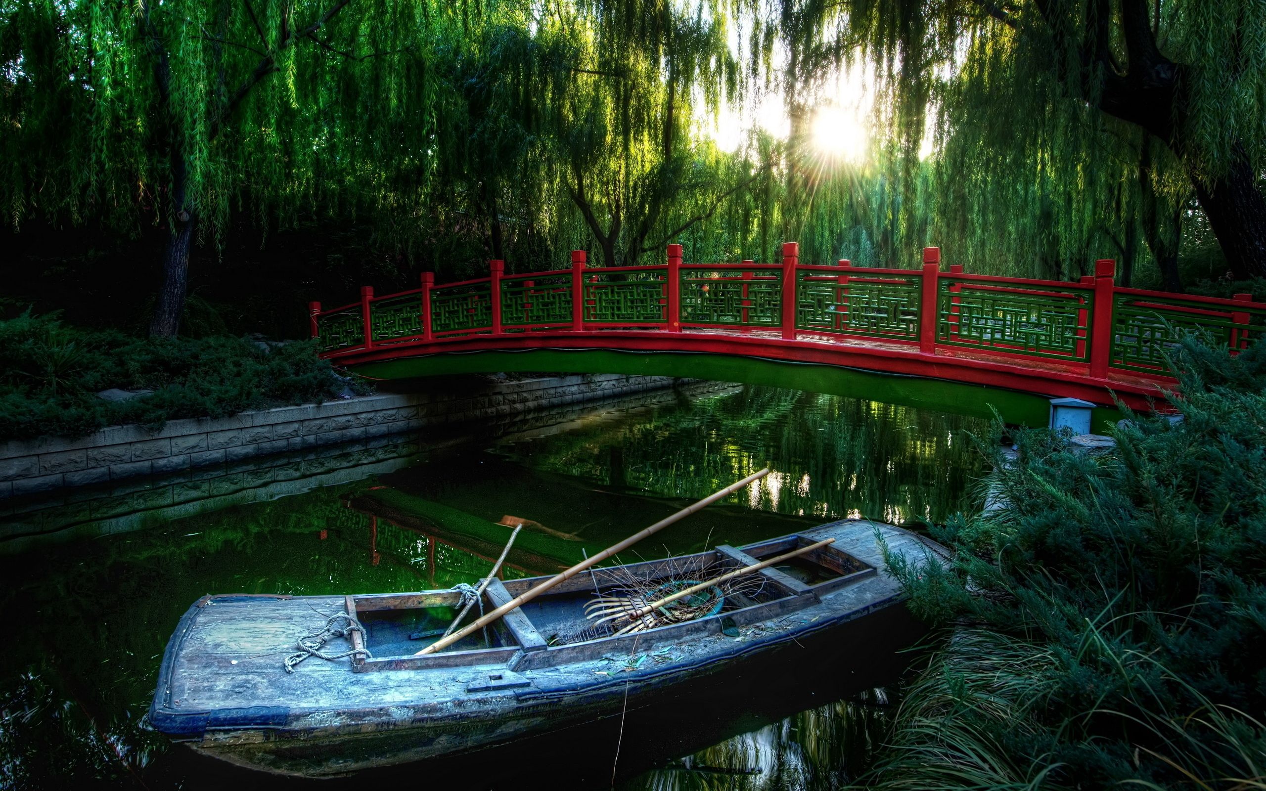 boat, forest, nature, rivers, vegetation, bridge, china, paddles, oars HD wallpaper