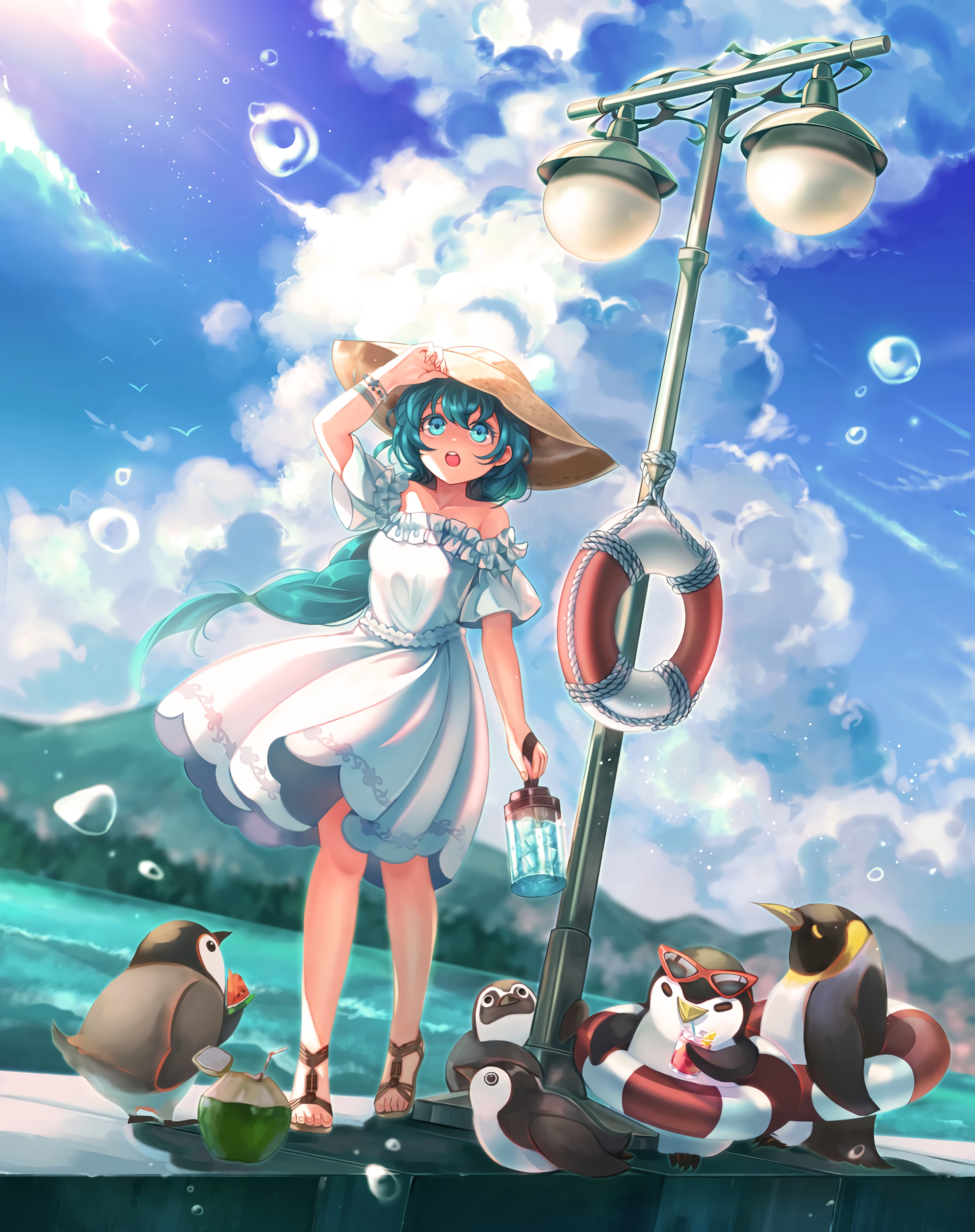 Mobile HD Wallpaper Dress girl, pinguins, anime, hat