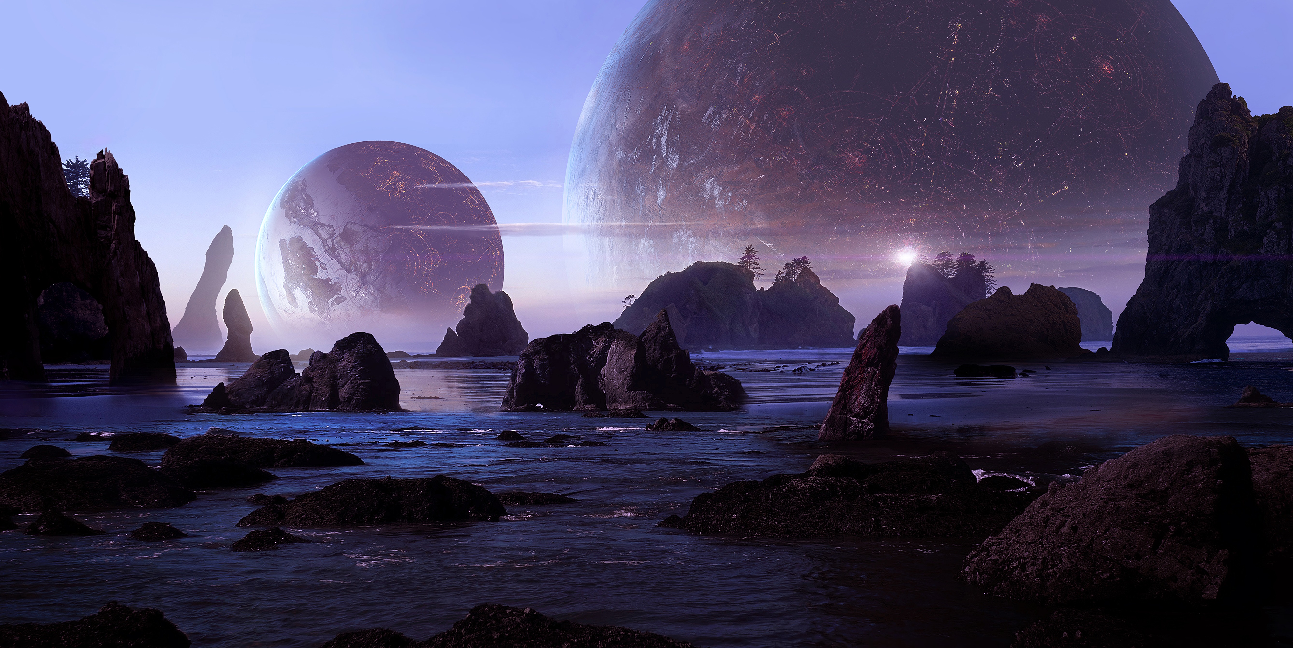 planets, 3d, landscape, water, rocks for android