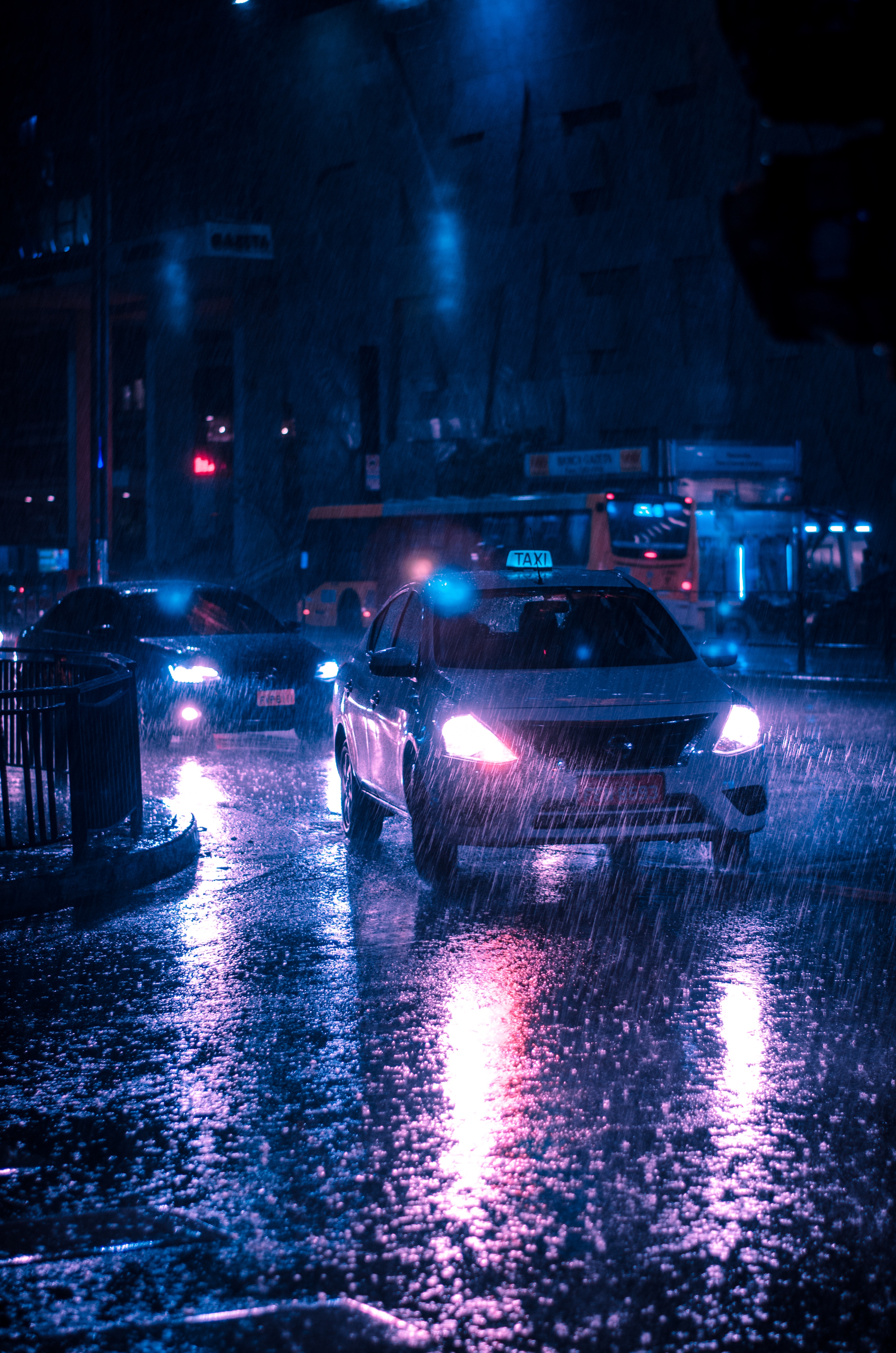 rain, taxi, cars, car, night city, street QHD