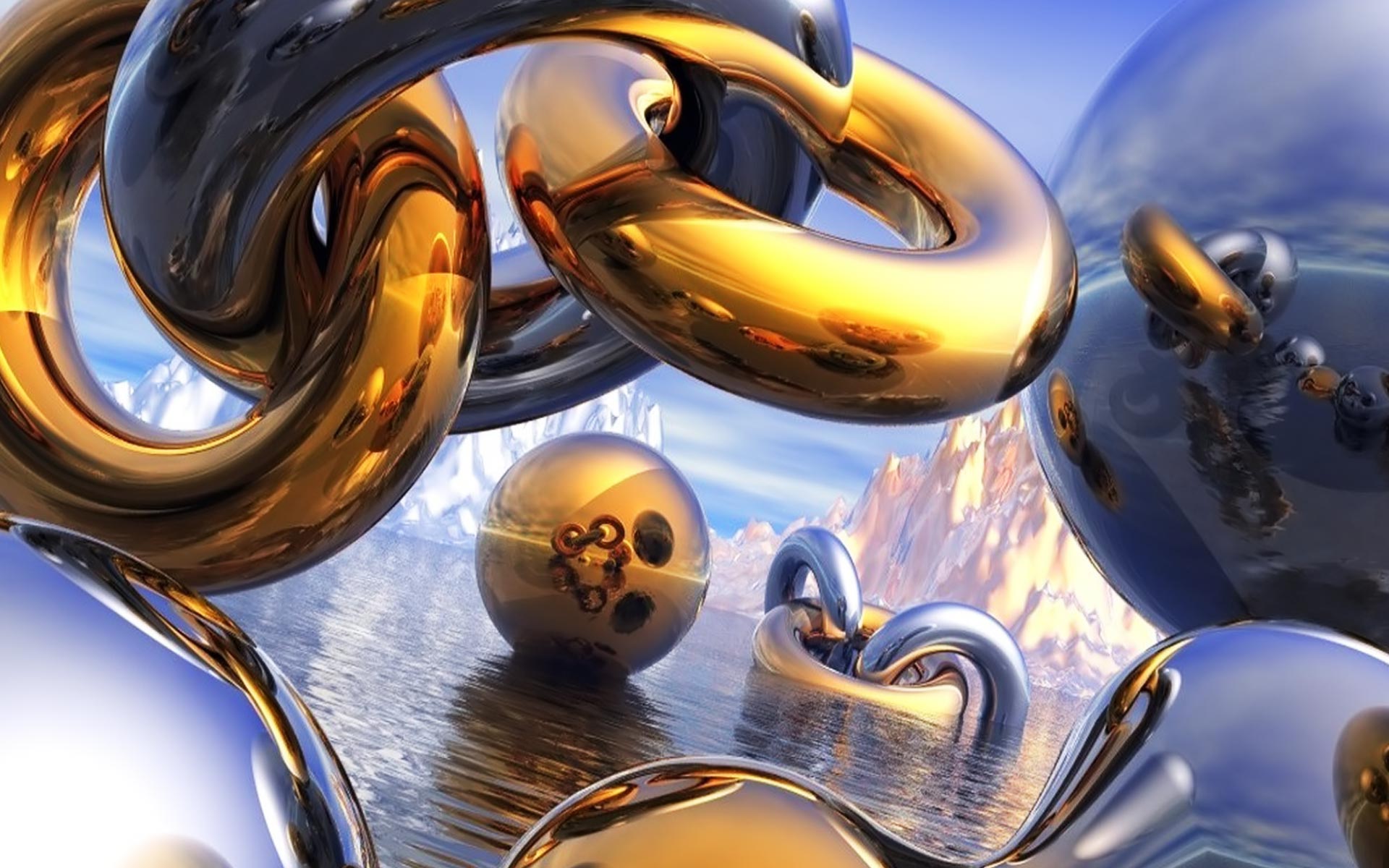 3d, metal, sphere, abstract, gold, water, cgi