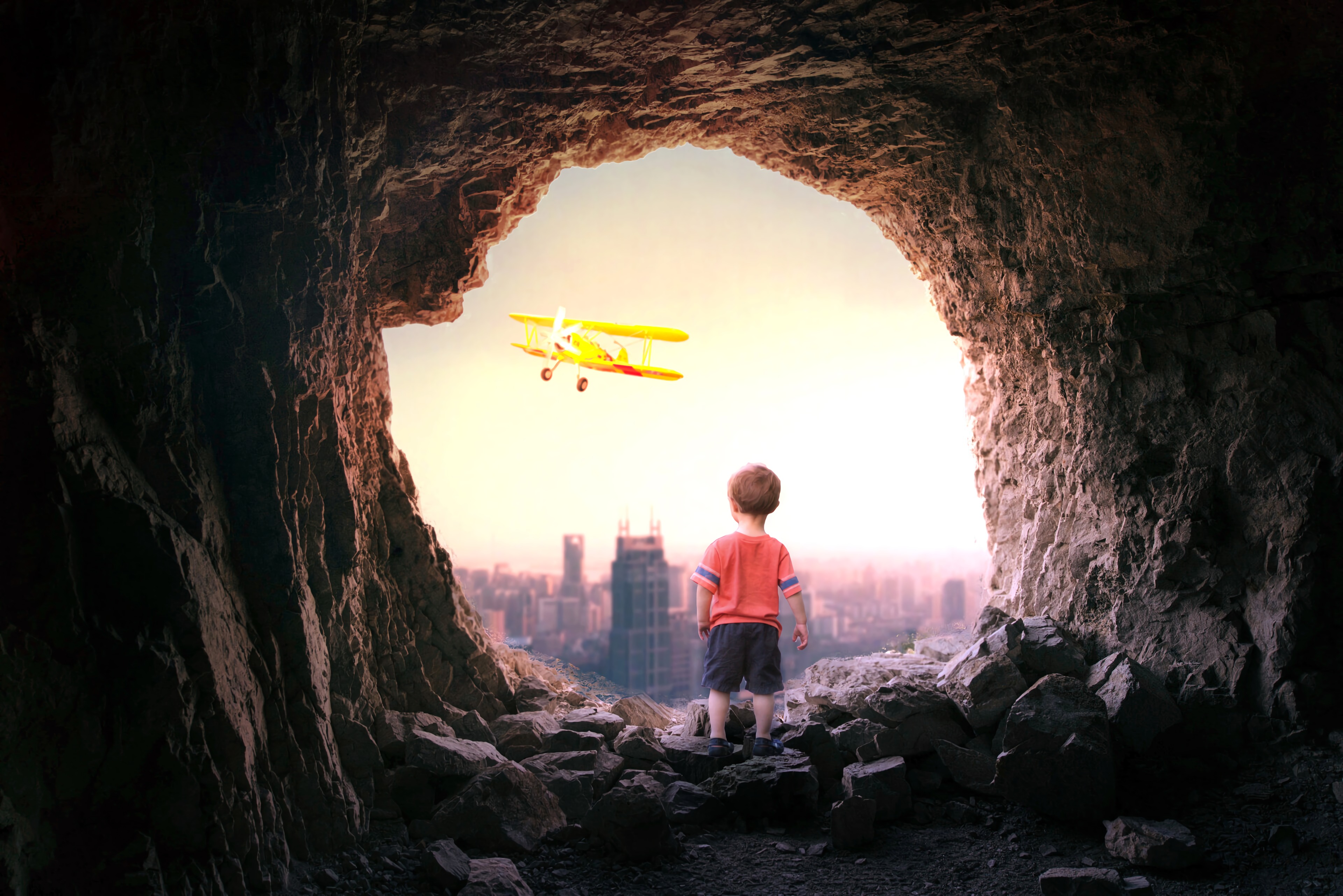 Mobile wallpaper cave, plane, city, miscellanea, miscellaneous, airplane, view, child