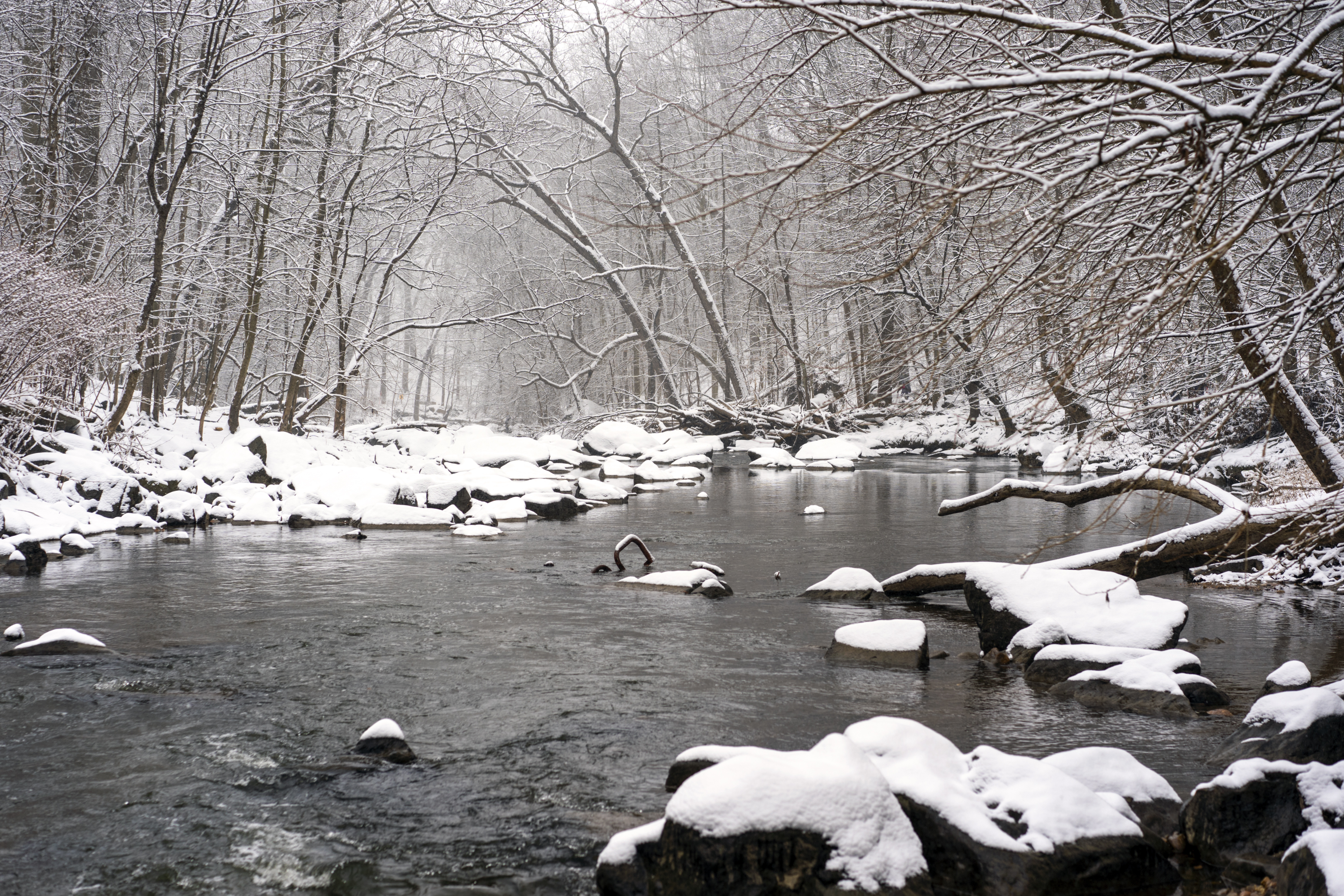 Download mobile wallpaper Winter, Nature, Water, Rivers, Stones, Snow, Forest for free.