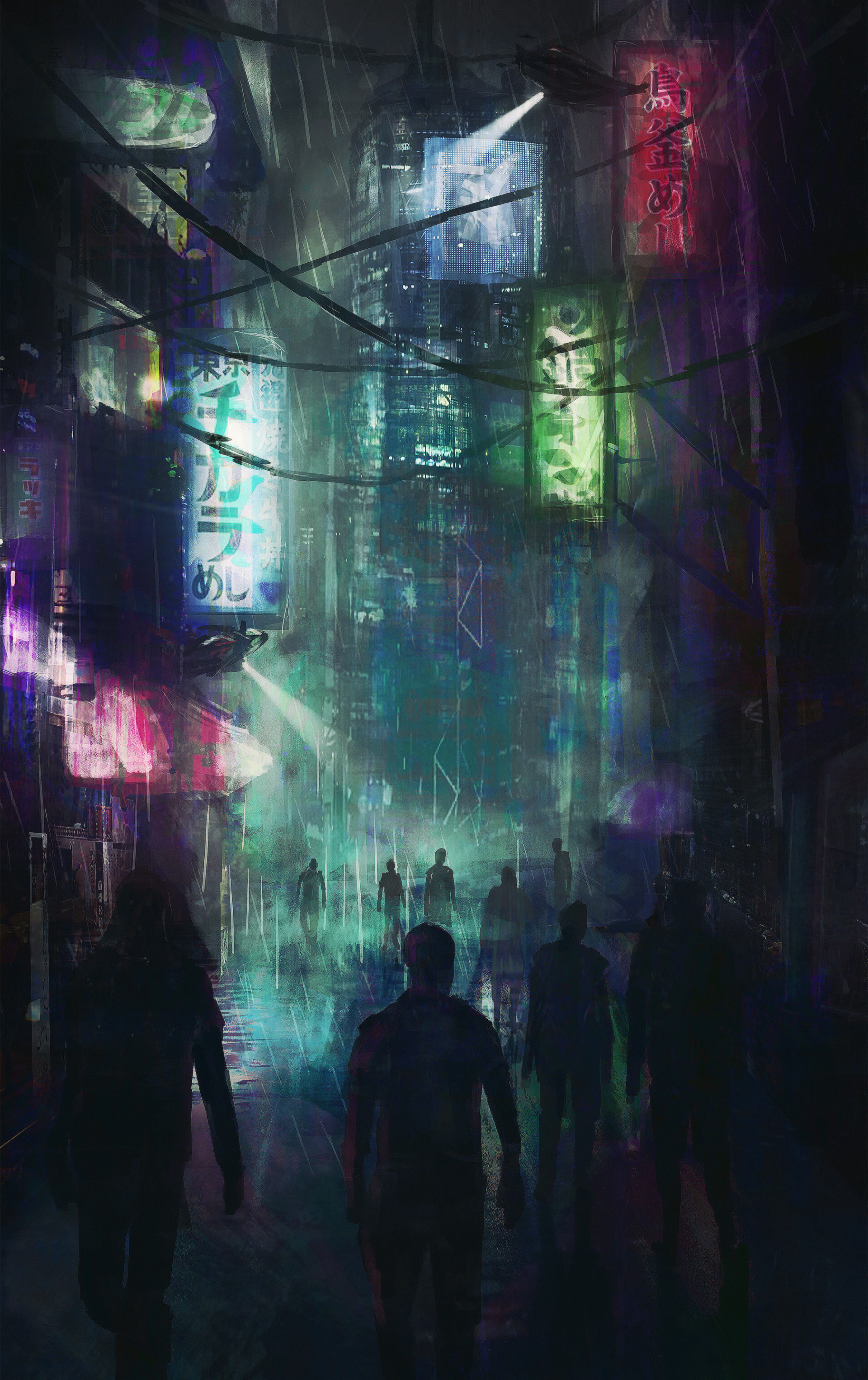 cyberpunk, city, art, silhouettes, night city, crowd