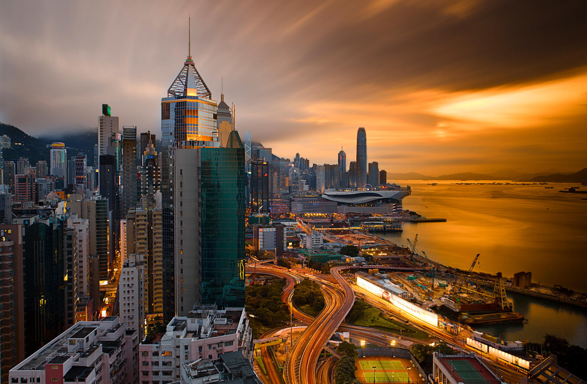 man made, hong kong, architecture, building, china, city, light, megapolis, sunset, victoria harbour, cities QHD