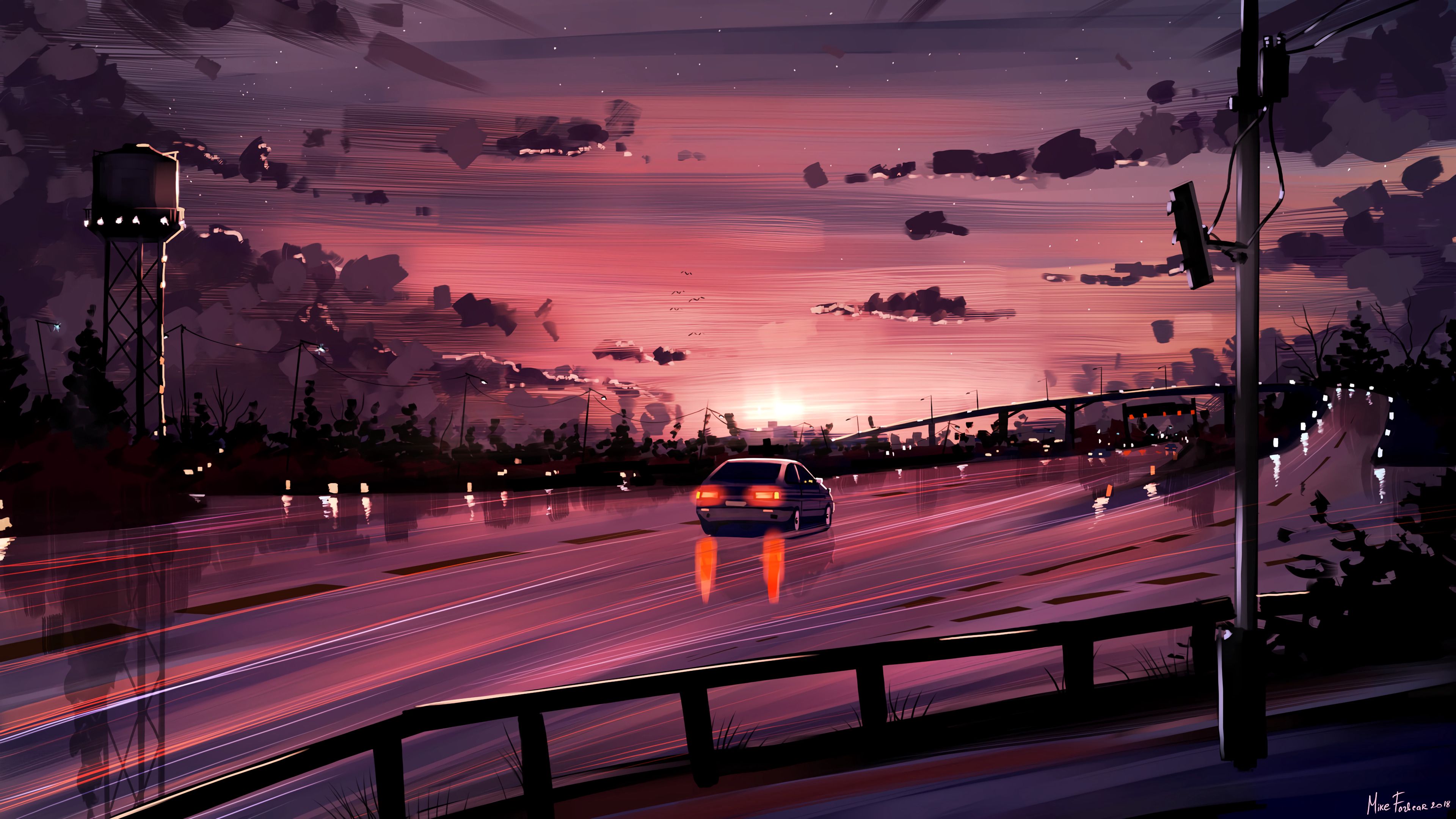 sunset, road, purple, art New Lock Screen Backgrounds