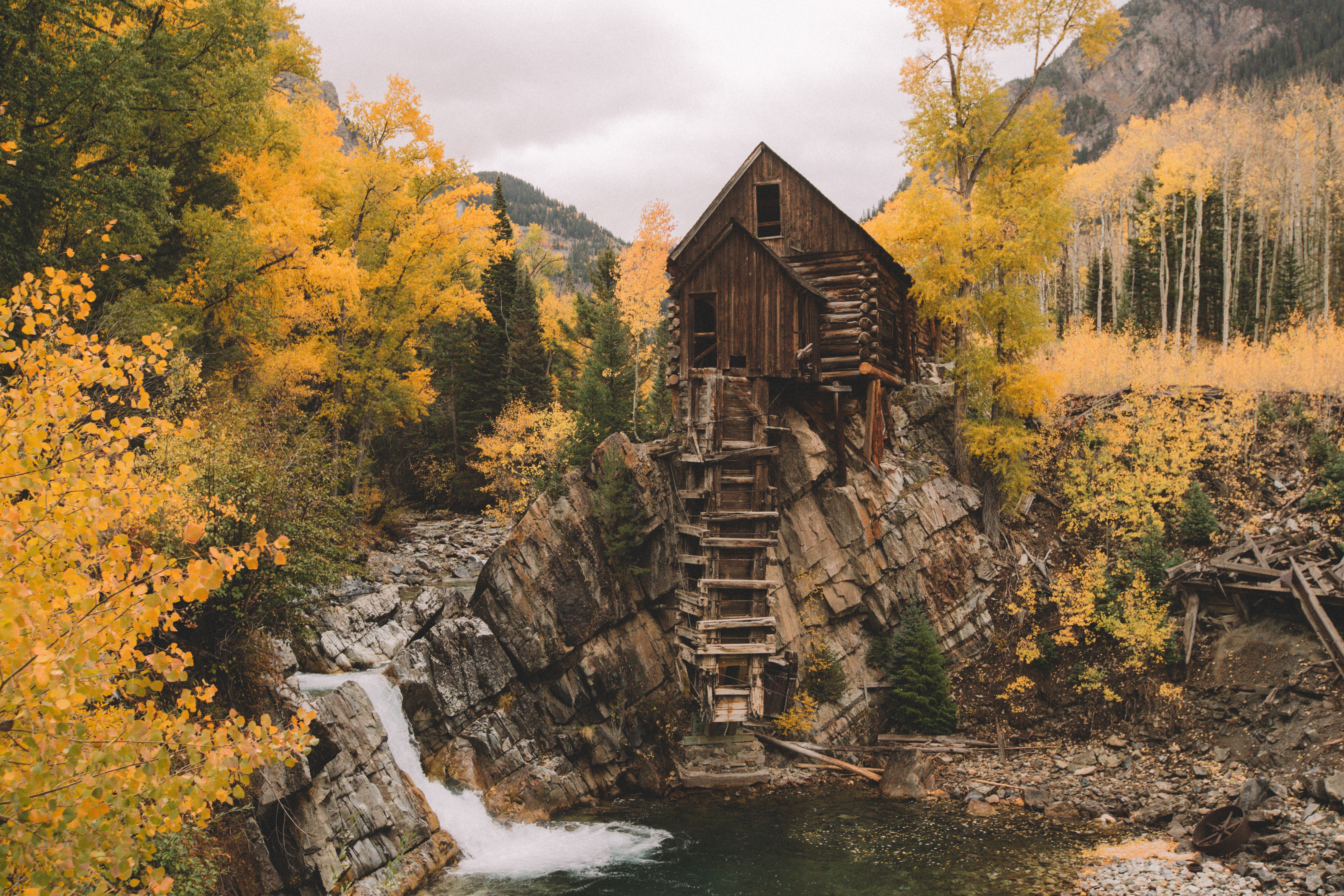 nature, rivers, rock, wood, wooden, small house, lodge