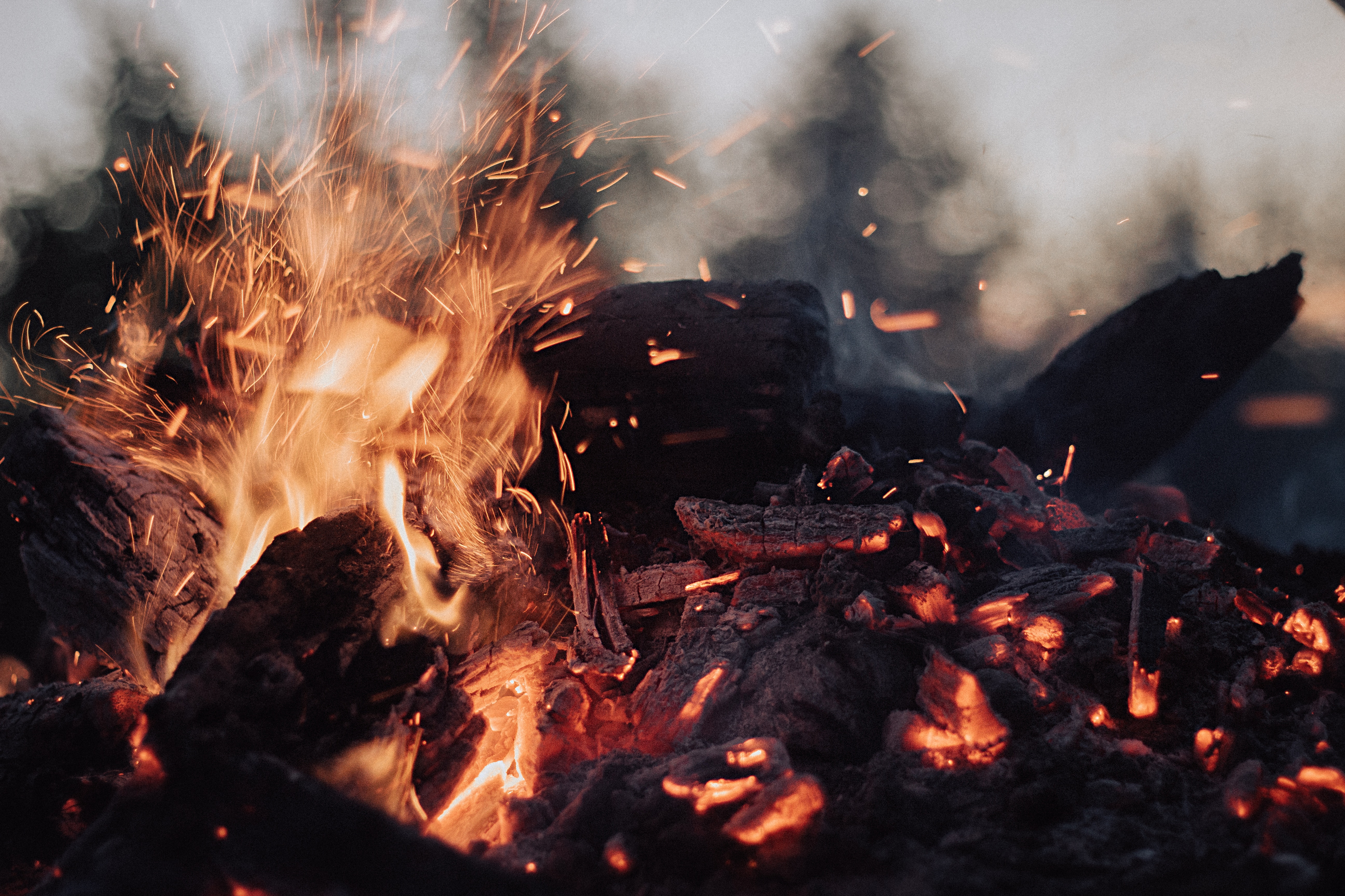 bonfire, fire, coals, sparks, miscellanea, miscellaneous, ash download HD wallpaper