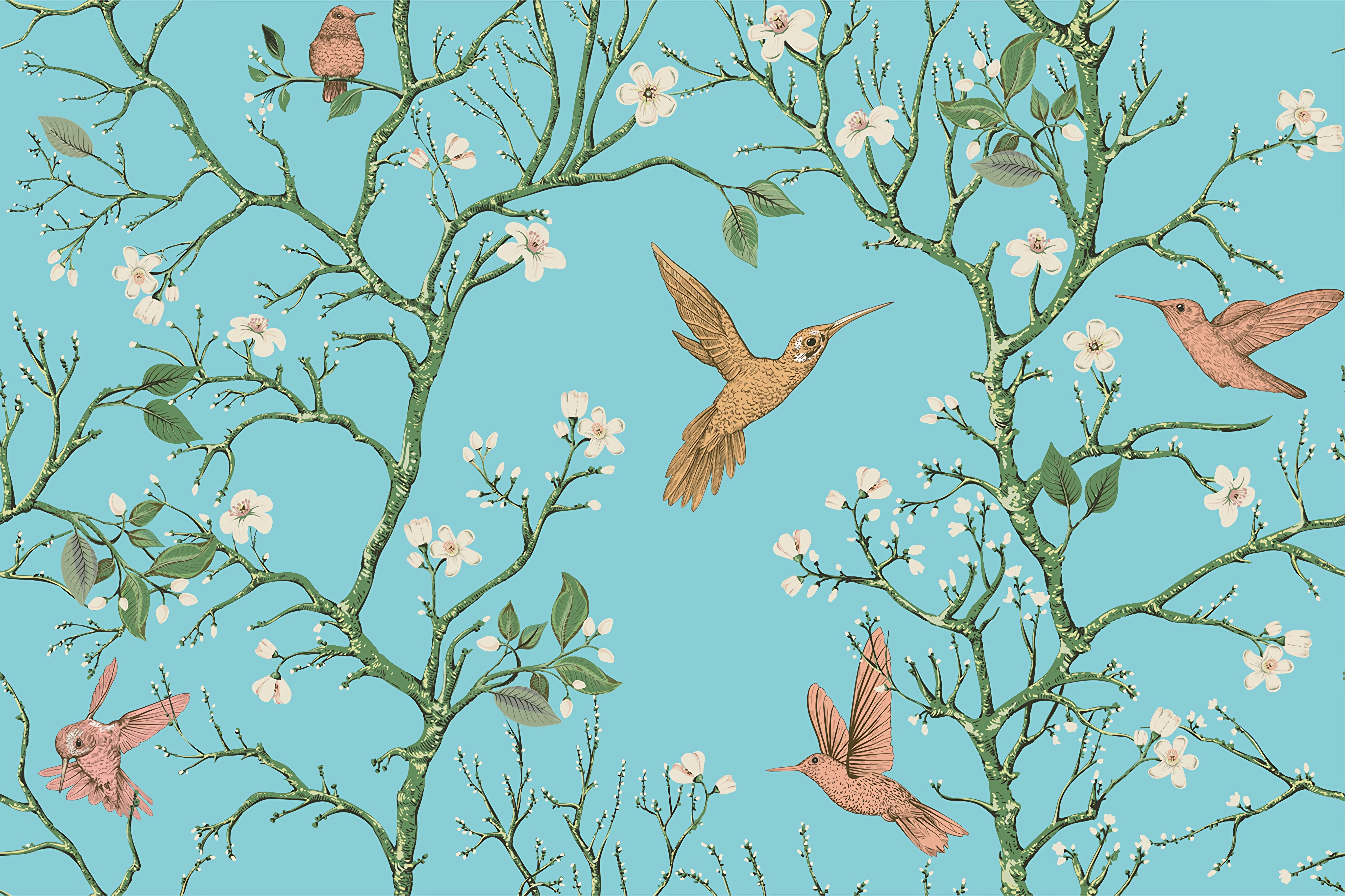 pattern, spring, birds, textures, flowers, texture, branches 4K