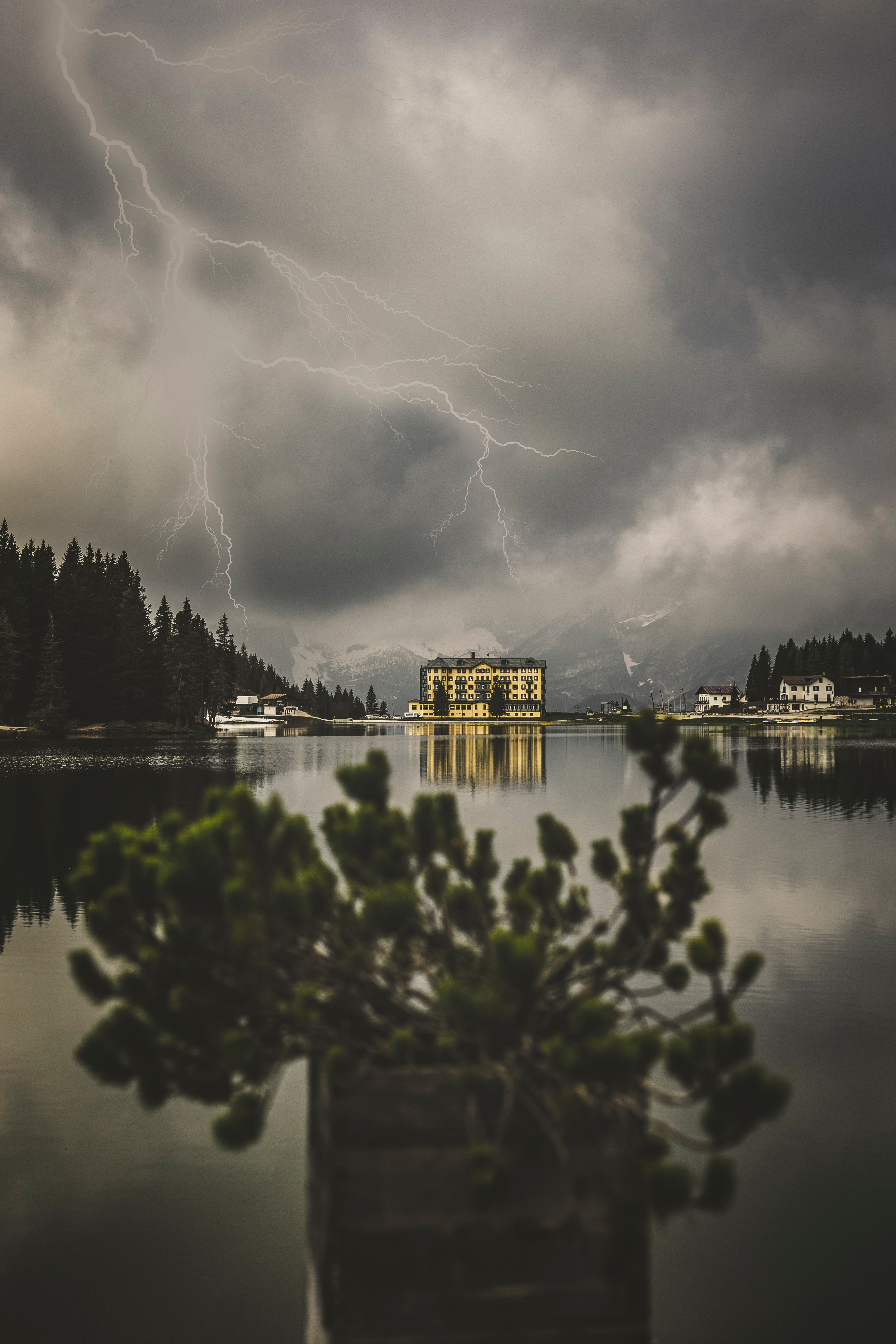lightning, thunderstorm, nature, mountains, building, lake, storm