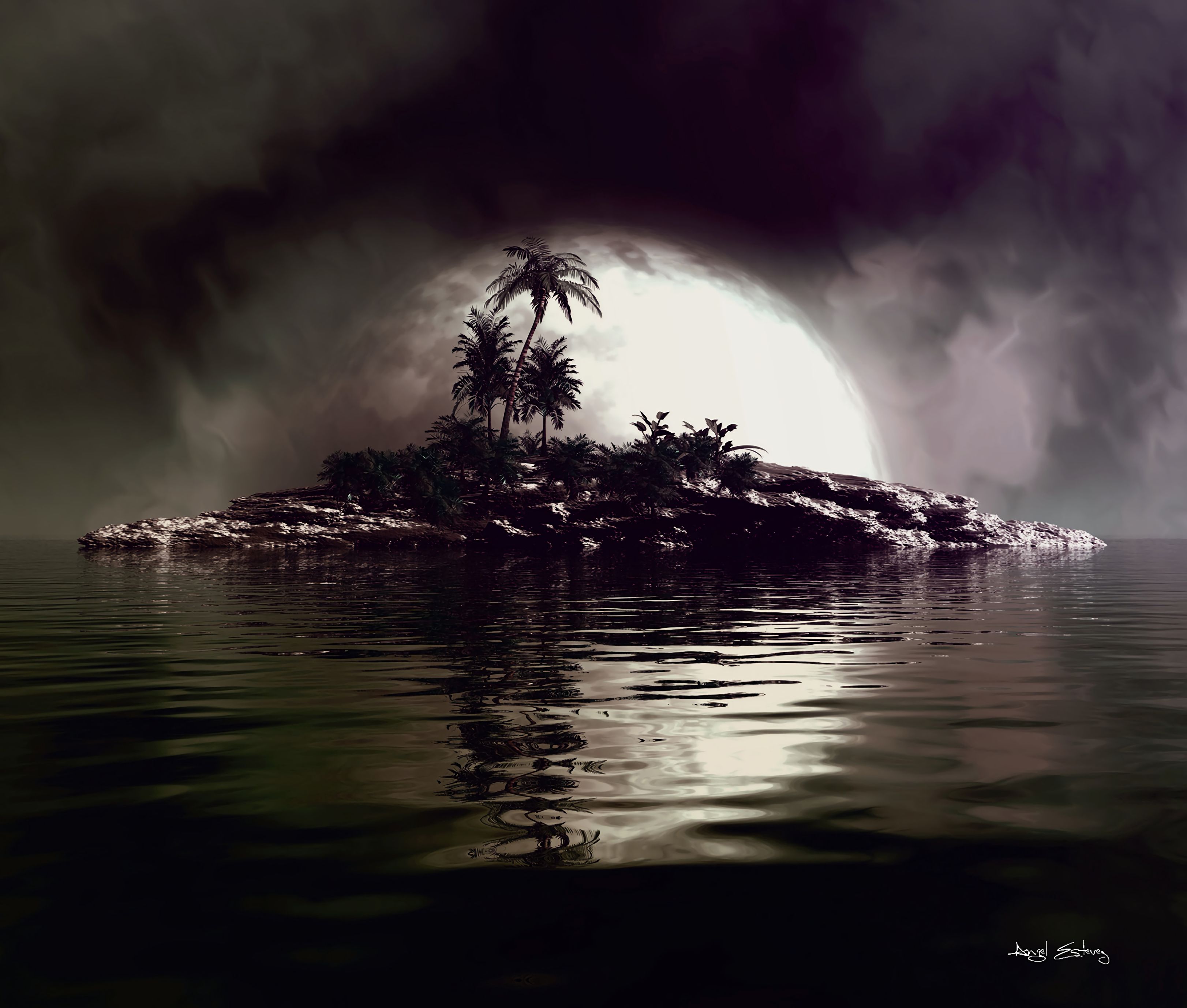 full moon, sea, art, palms, island