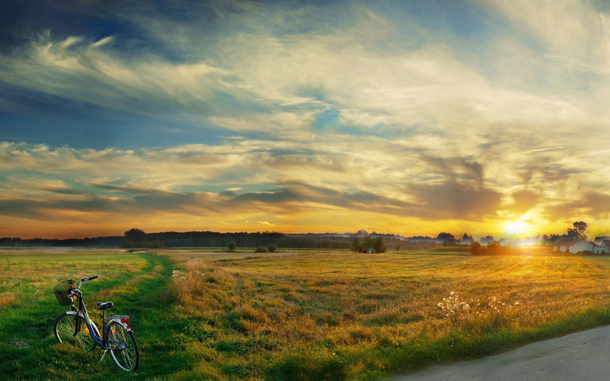 139654 Screensavers and Wallpapers Bicycle for phone. Download nature, sunset, sky, clouds, field, evening, silence, bicycle pictures for free