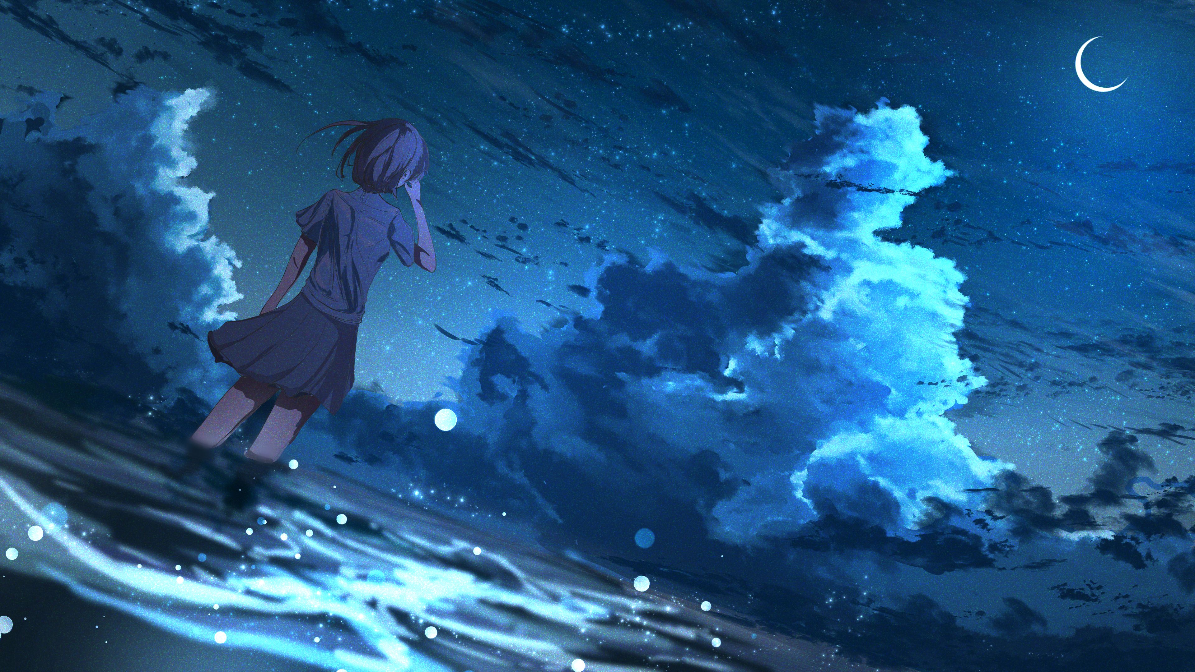 anime, art, stars, night, girl, wind