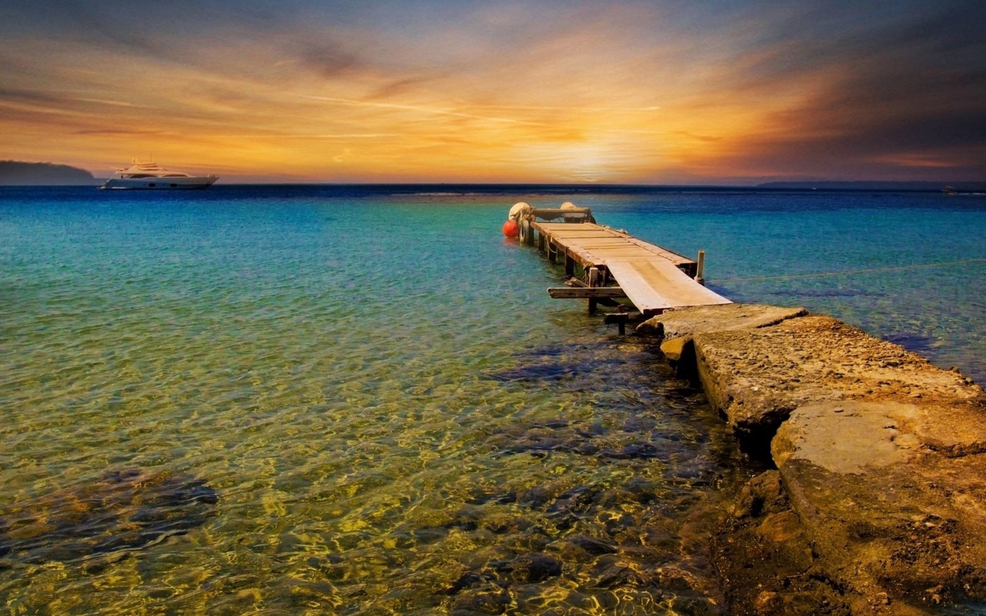 breakwater, pier, nature, water, sunset, sea, horizon, transparent, evening, yacht