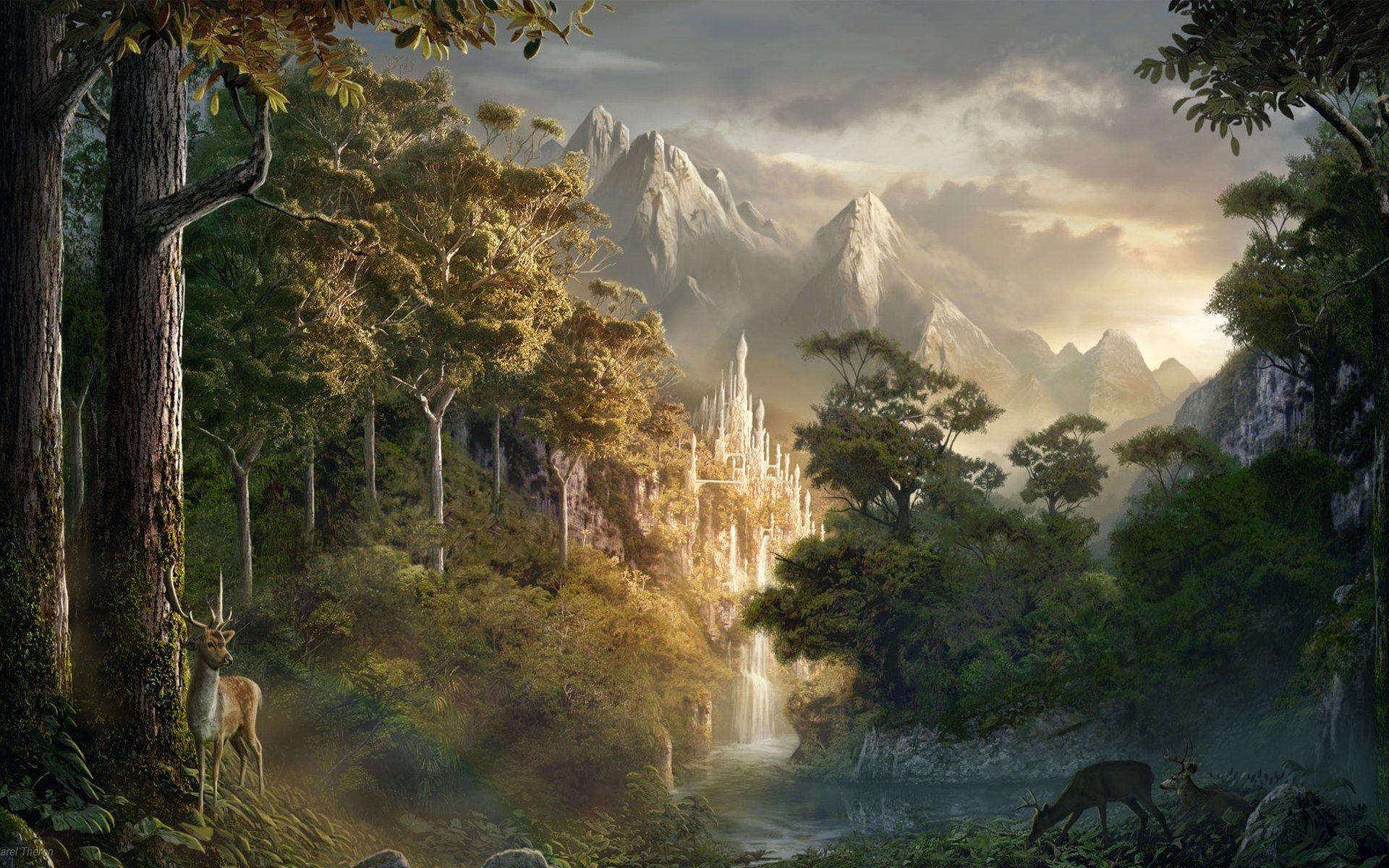 Laden Sie das Fantasie, Mountains, Wald, Hirsch-Bild kostenlos auf Ihren PC-Desktop herunter