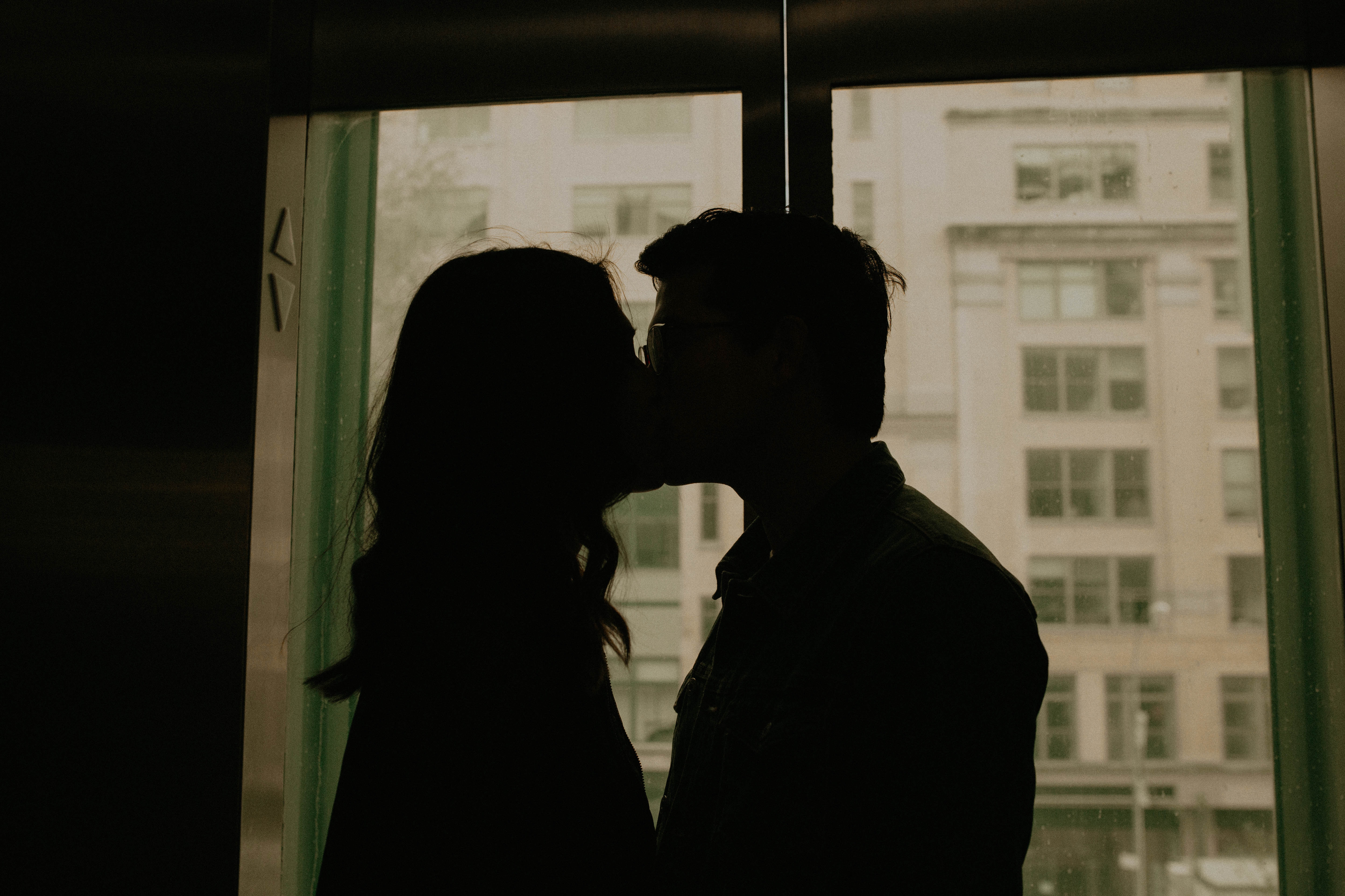 kiss, couple, love, pair, silhouettes, window Free Stock Photo
