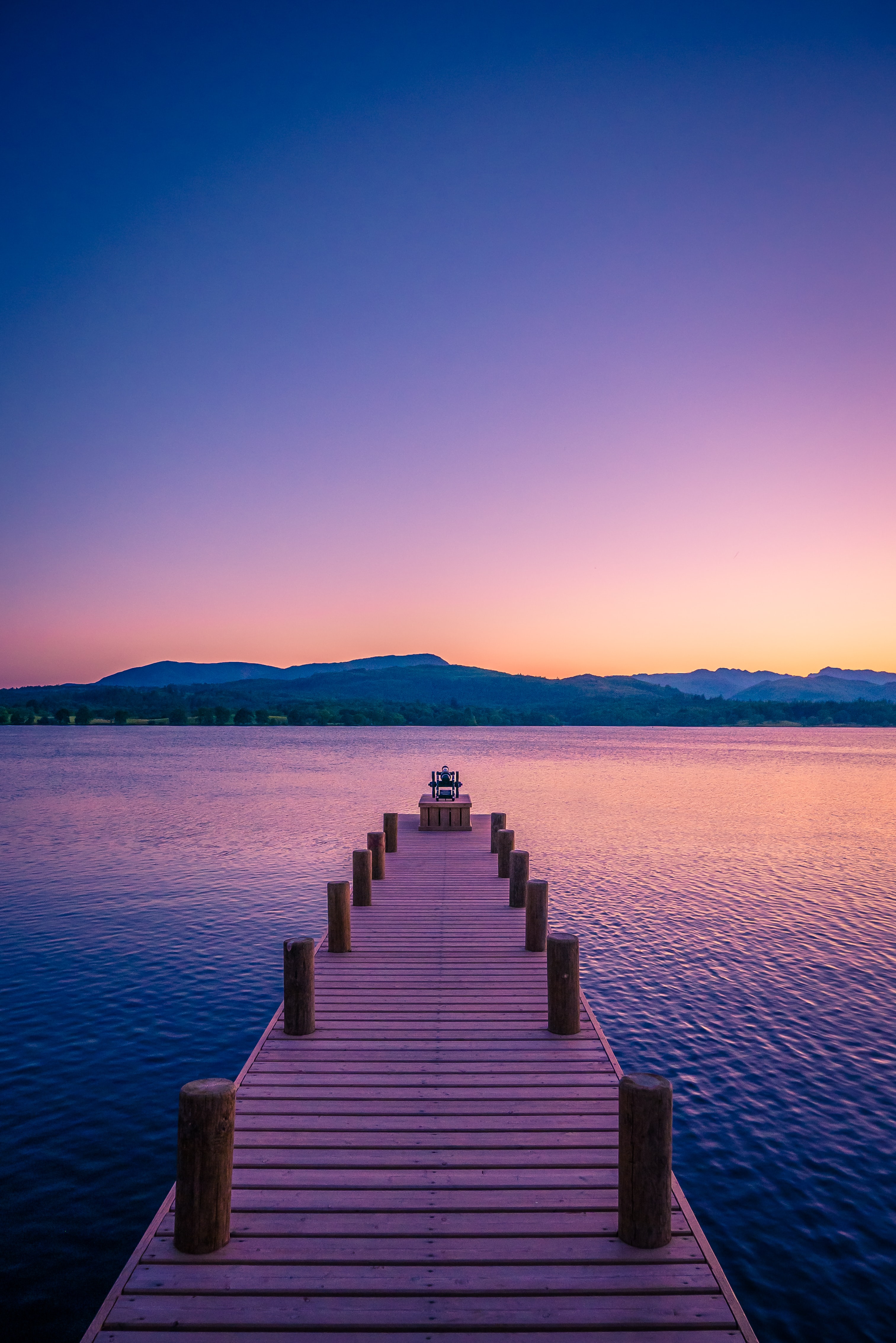 pier, nature, mountains, twilight, lake, dusk