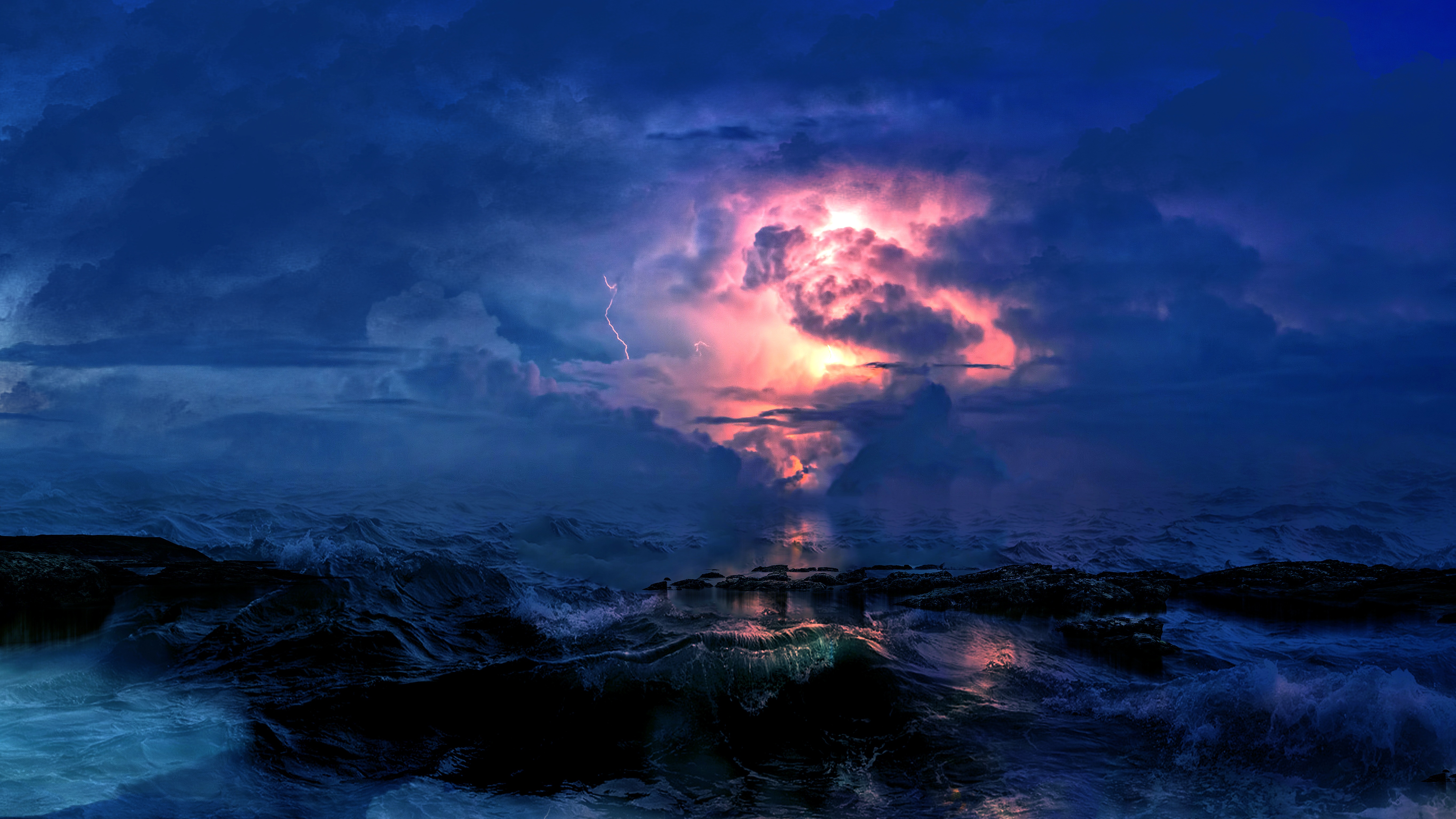 lightning, nature, sea, clouds, waves, mainly cloudy, overcast, storm