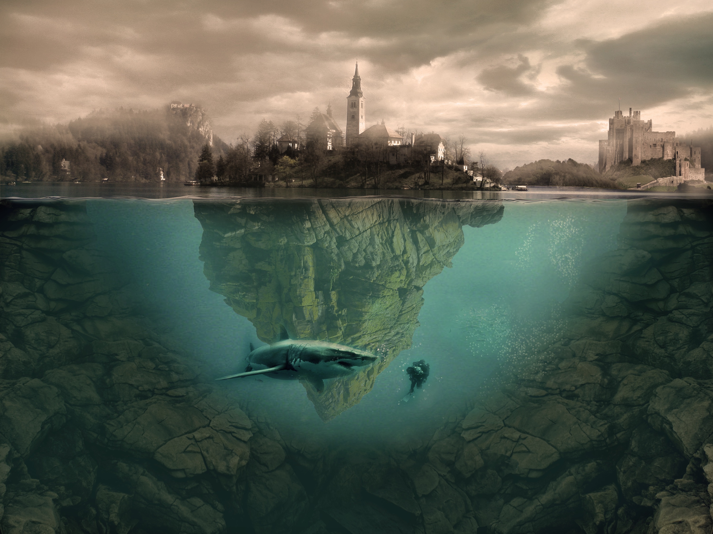shark, underwater, photography, manipulation, diver, fantasy, town HD wallpaper