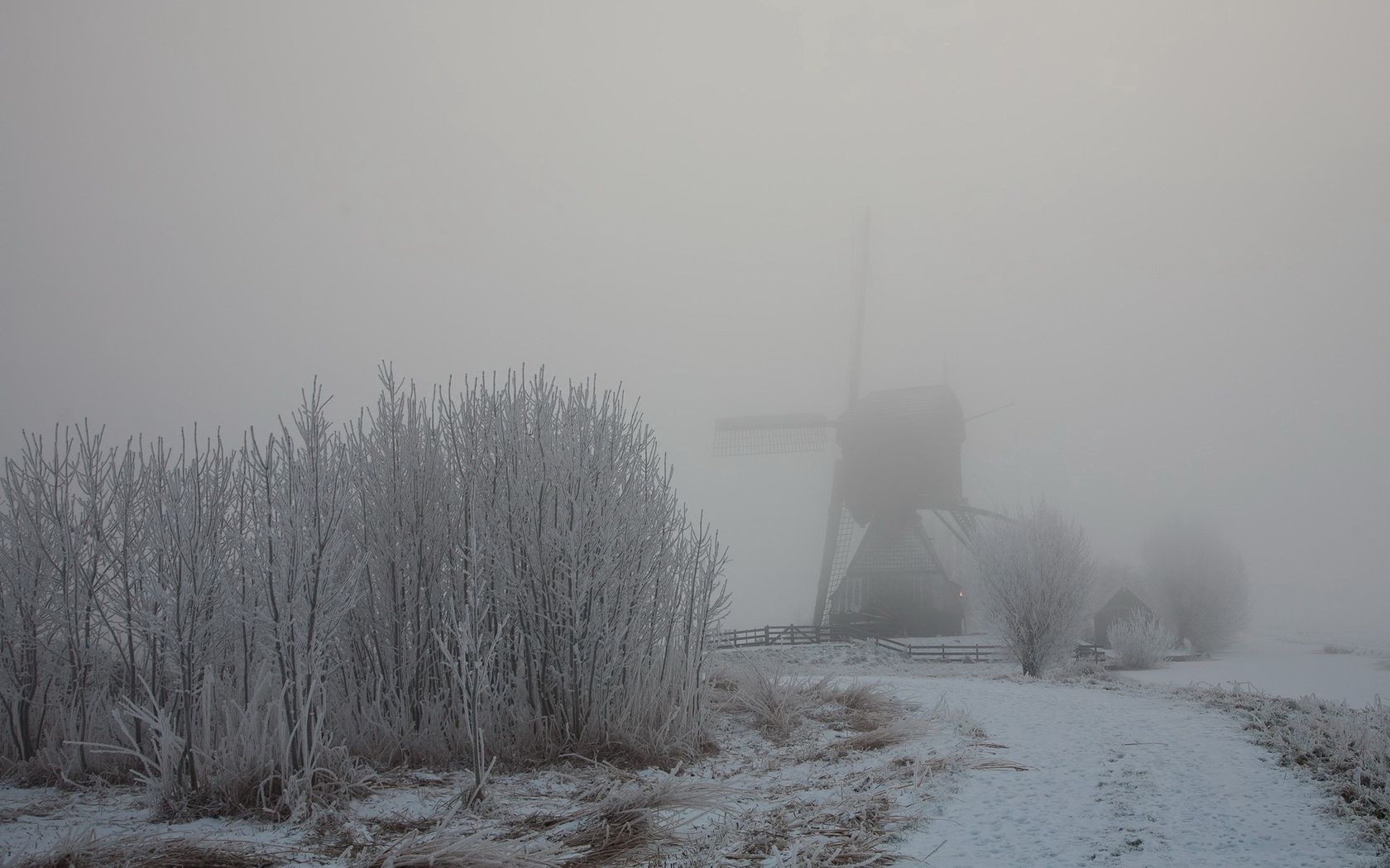 32k Wallpaper Mill fog, snow, winter, nature