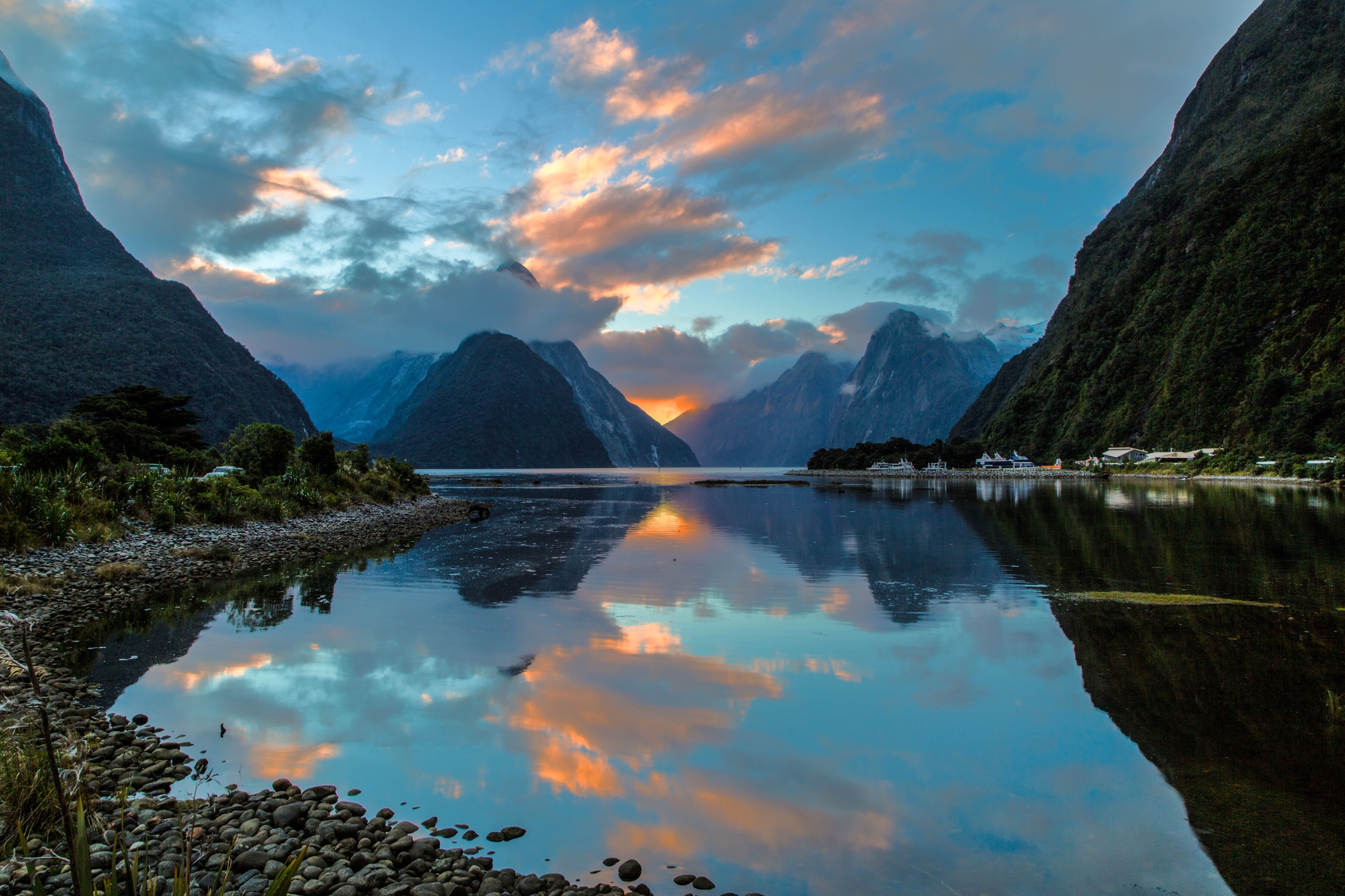 new zealand, nature, mountains, reflection, bay, milford sound download HD wallpaper