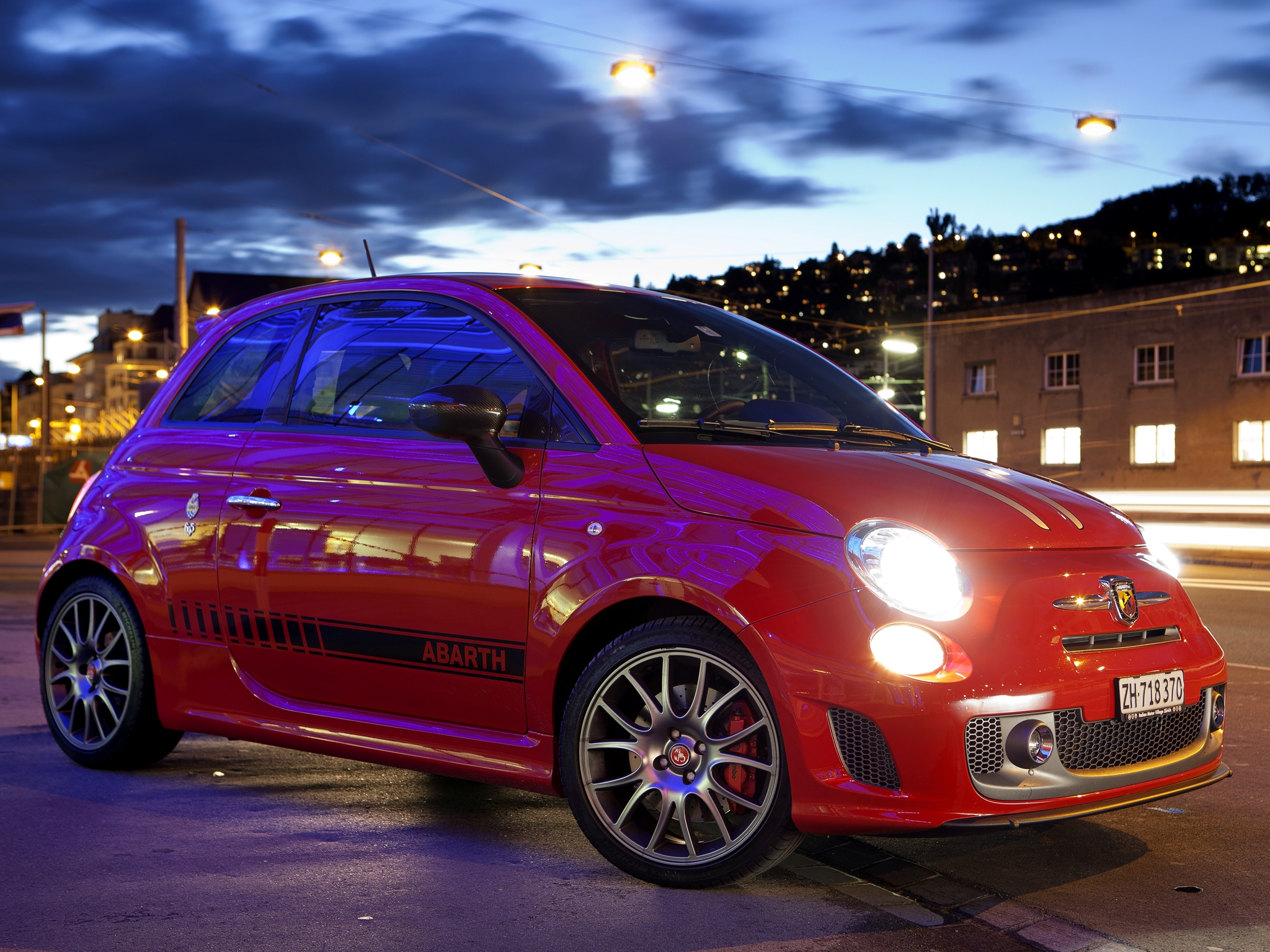 149033 Screensavers and Wallpapers Stylish for phone. Download sports, auto, cars, red, city, lights, side view, stylish, 2011, abarth 695, tributo ferrari pictures for free