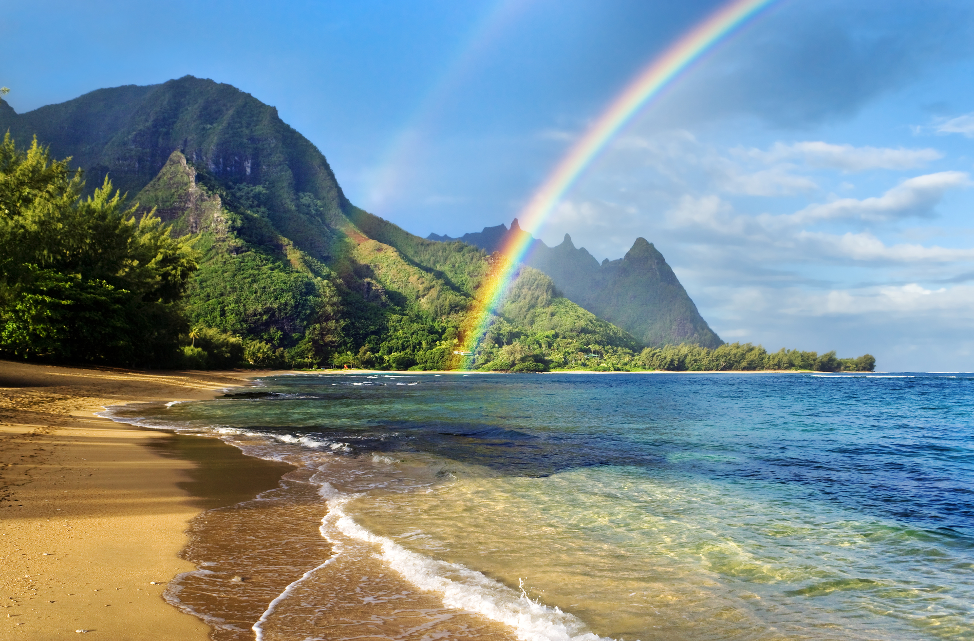 sea, landscape, mountain, rainbow, earth, beach, nature, sand, vegetation, water 1080p