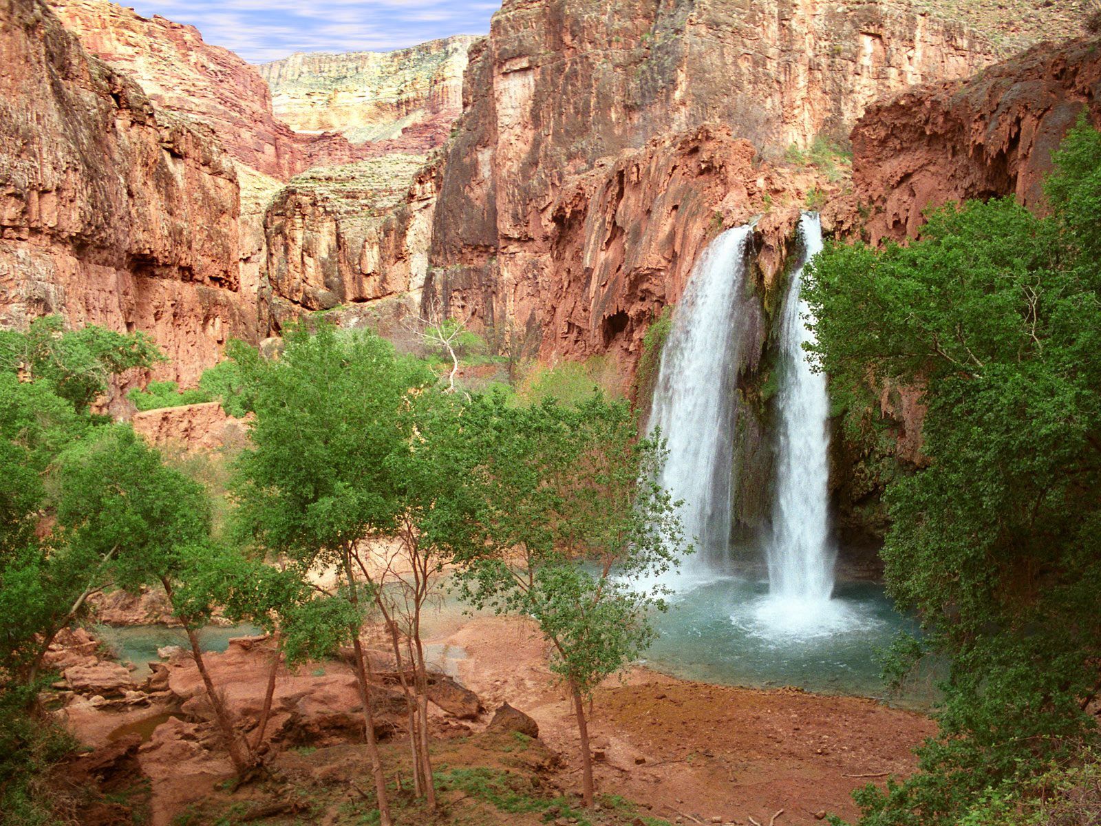 arizona, nature, trees, canyon, waterfall, greens, havasu falls