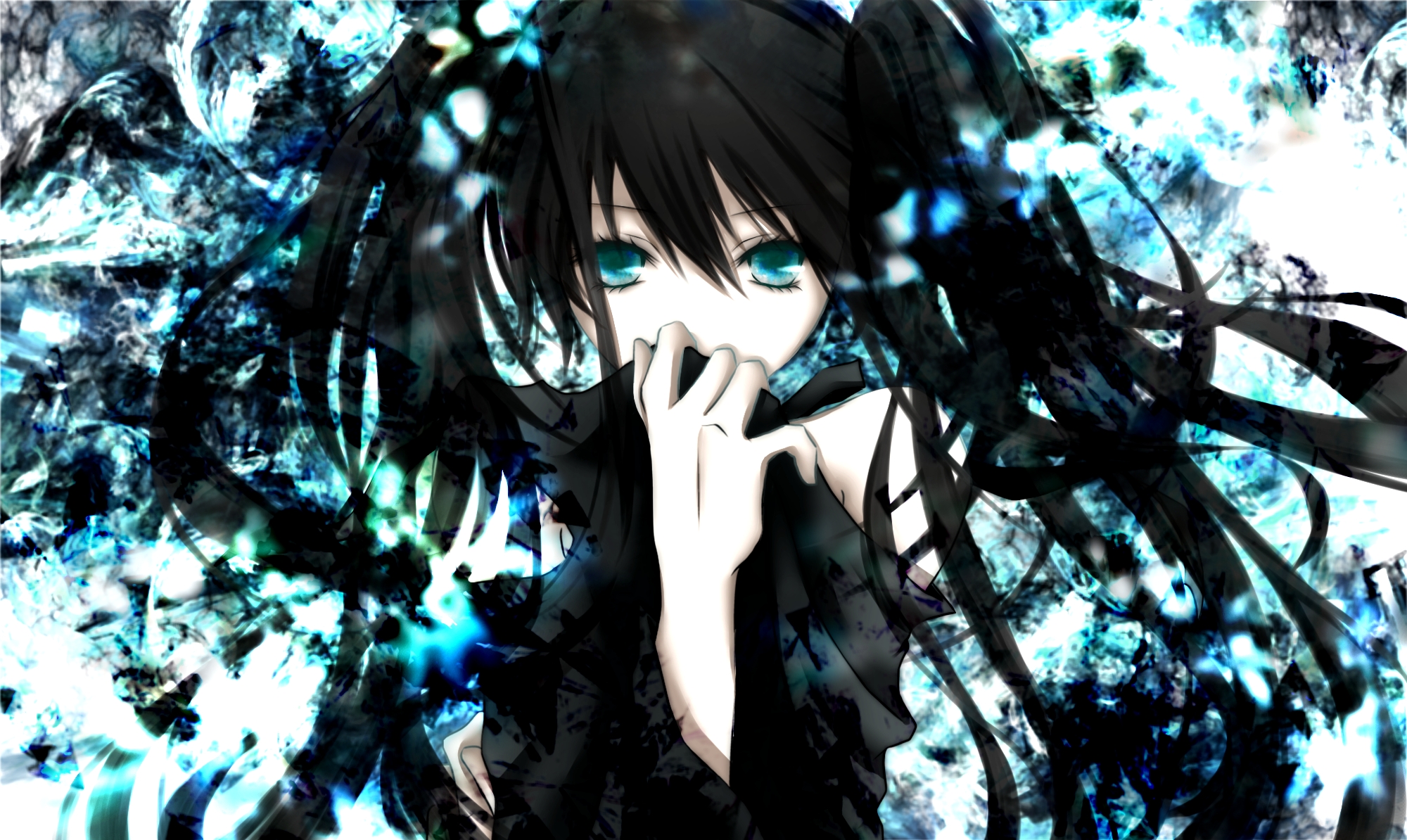 32k Wallpaper Black Rock Shooter blue eyes, anime, long hair, black hair