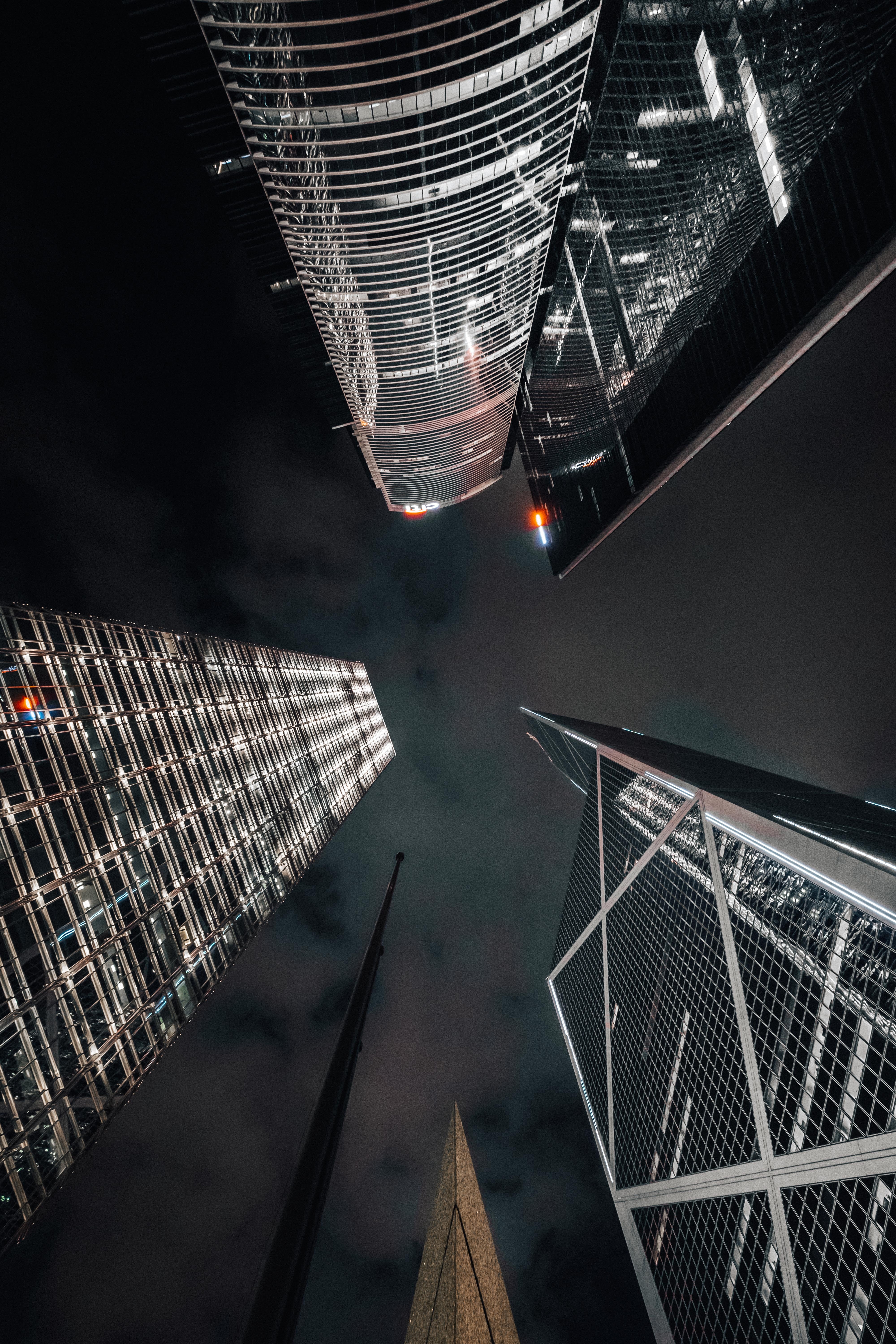 bottom view, architecture, skyscrapers, cities, night, dark for android