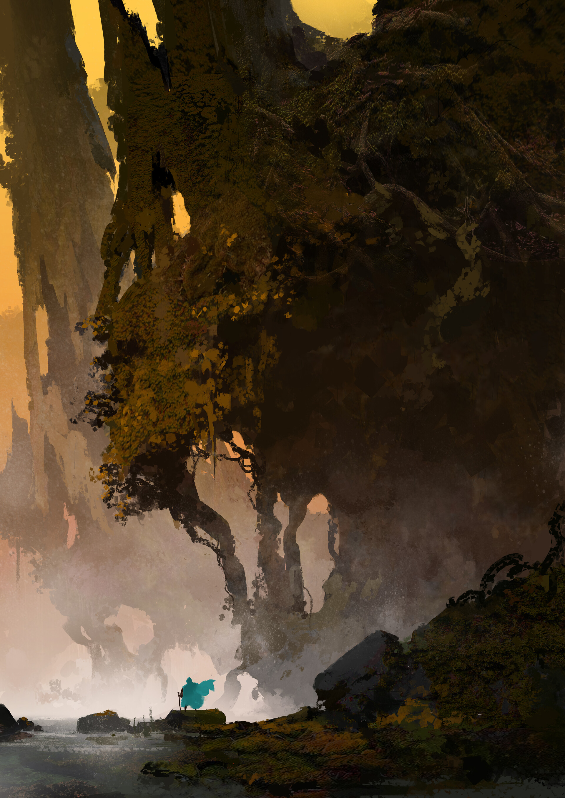 rocks, trees, art, silhouette, traveler, wayfarer phone background