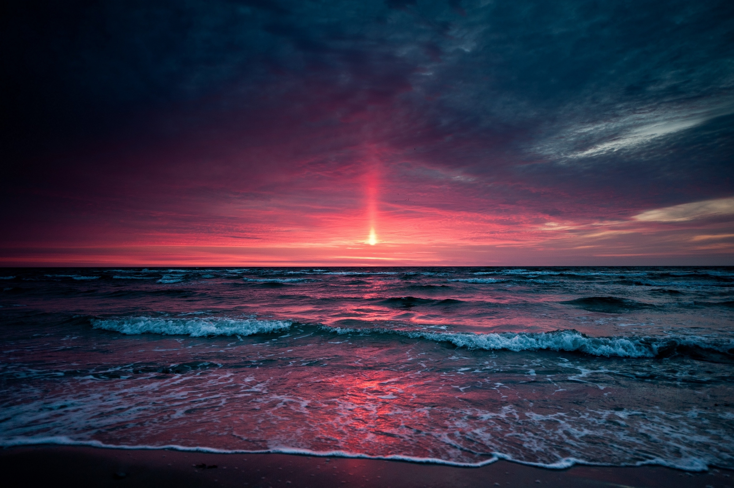 sunset, sea, landscape, waves 5K