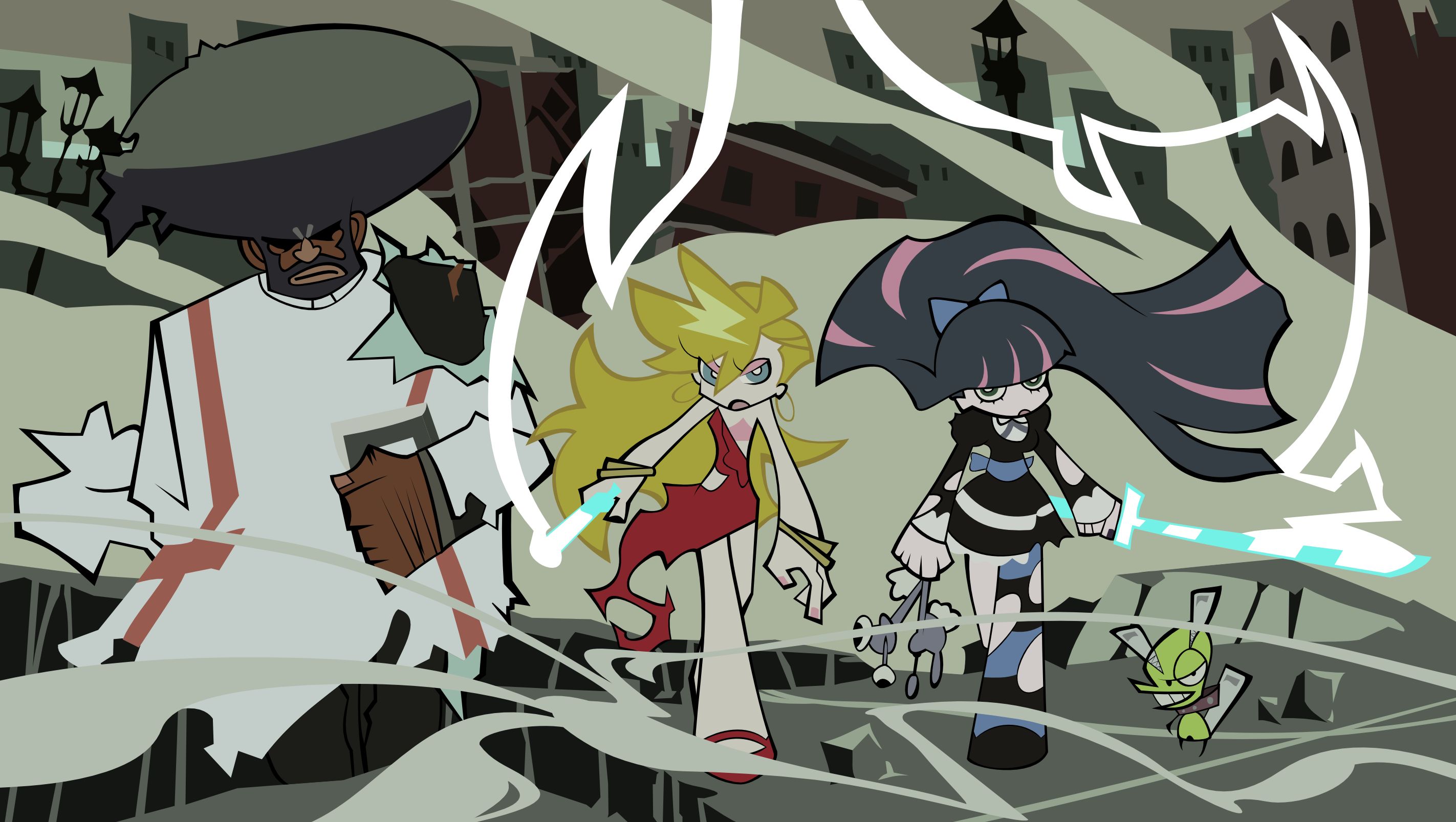 anime, blonde, panty & stocking with garterbelt, chuck (panty & stocking with garterbelt), garterbelt (panty & stocking with garterbelt), gun, panty anarchy, stocking anarchy, sword wallpaper for mobile