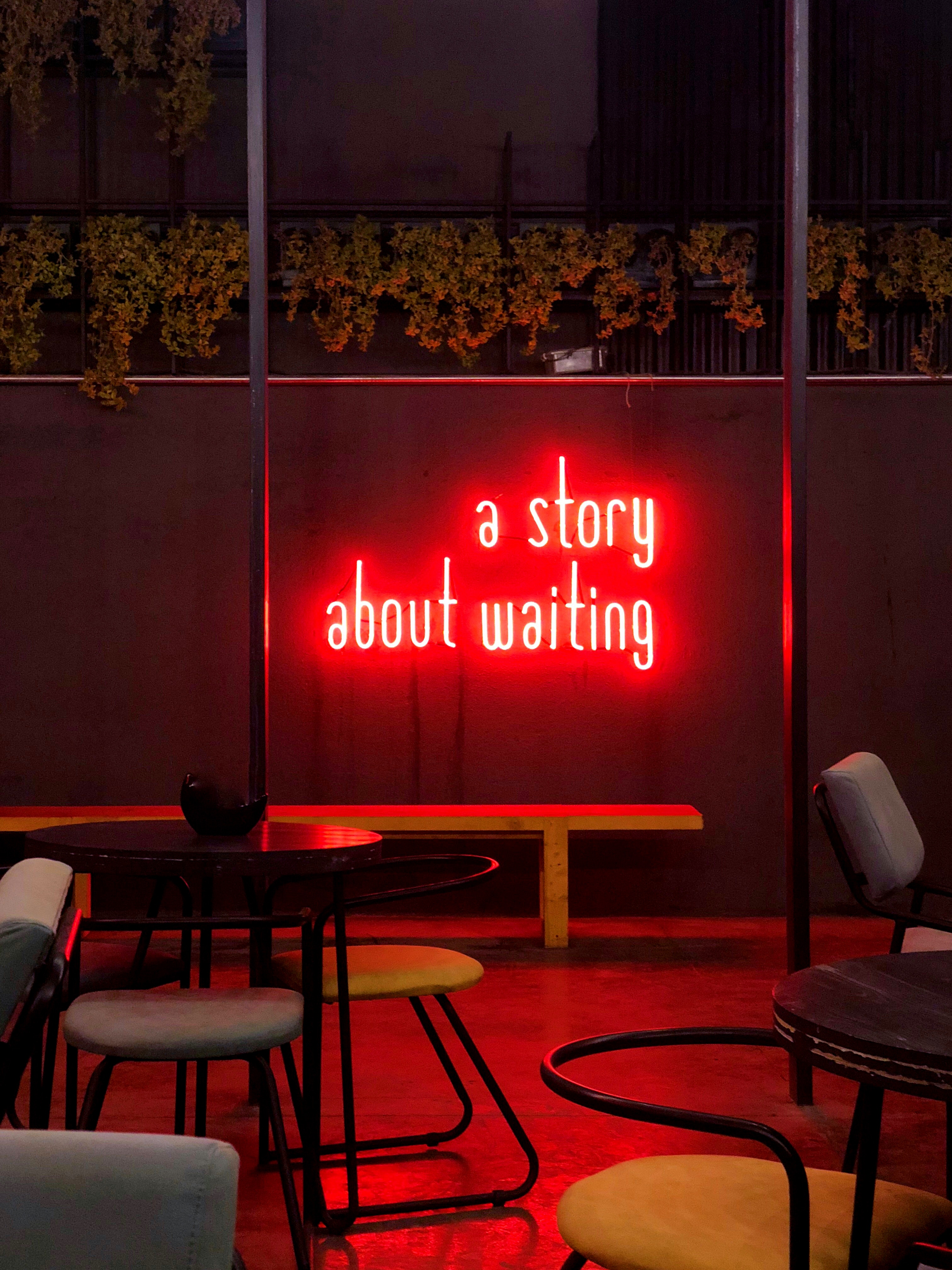 waiting, words, neon, cafe Text HQ Background Images