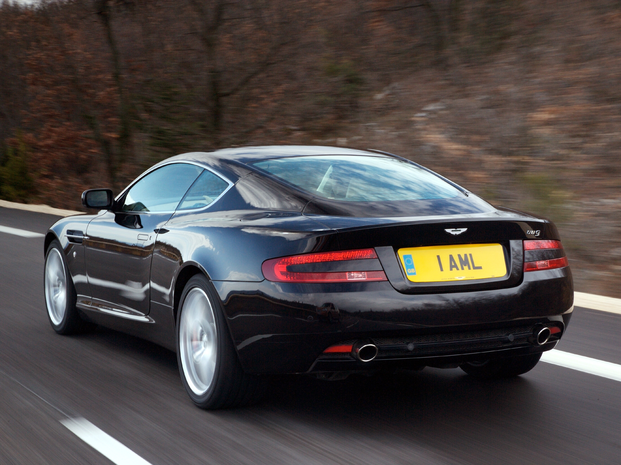 auto, nature, trees, aston martin, cars, black, back view, rear view, speed, style, db9, 2006