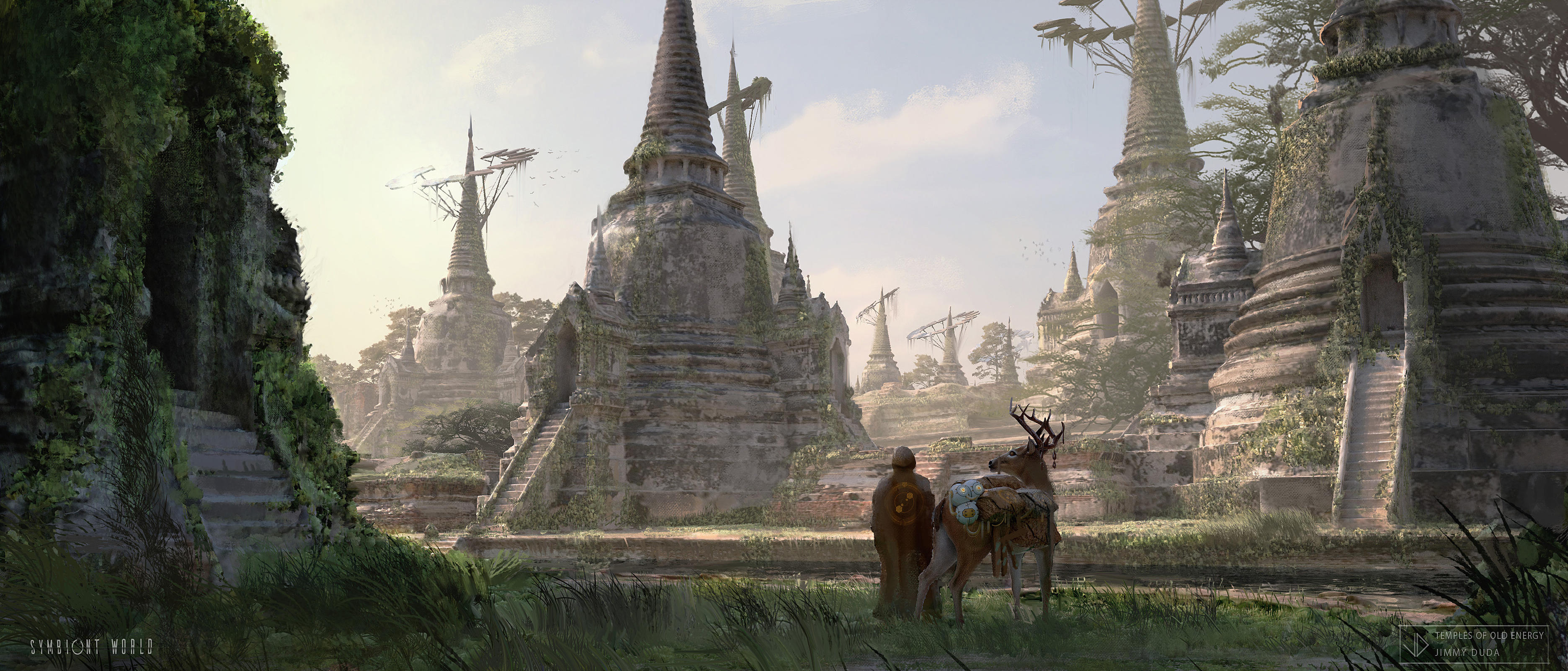 fantasy, temple, building, deer, traveler