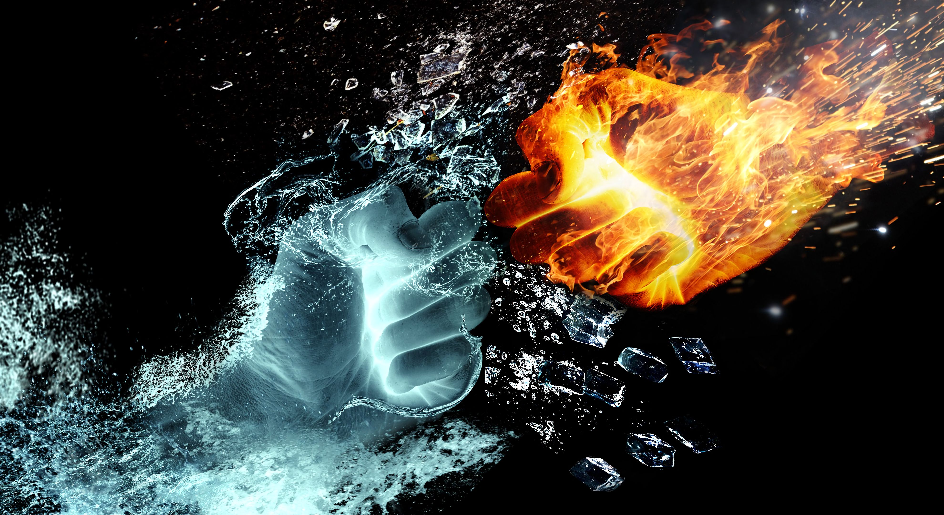 Download mobile wallpaper Fire, Water, Miscellanea, Miscellaneous, Spray, Hands, Shards, Smithereens for free.