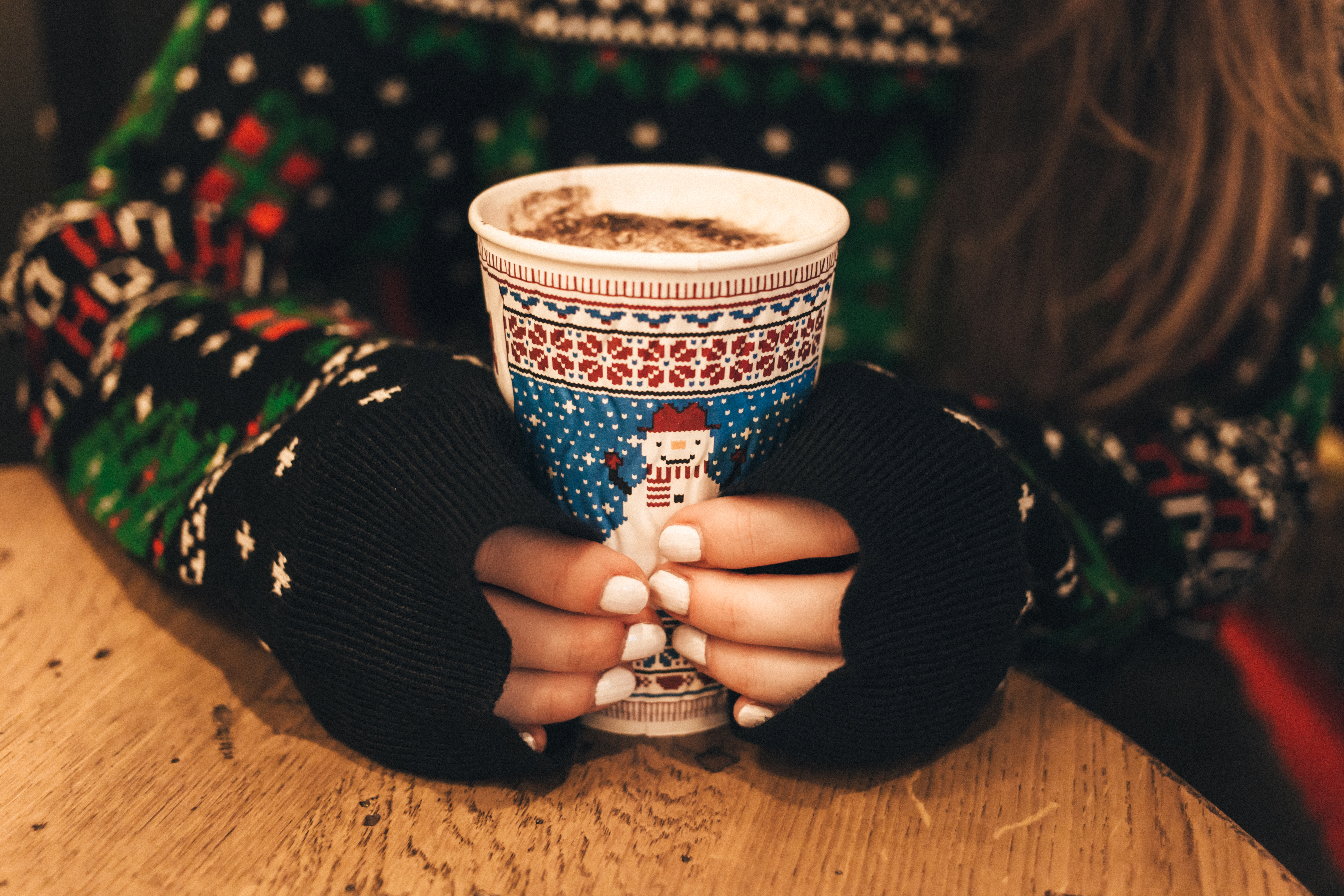 christmas, food, coffee, hands, sweater