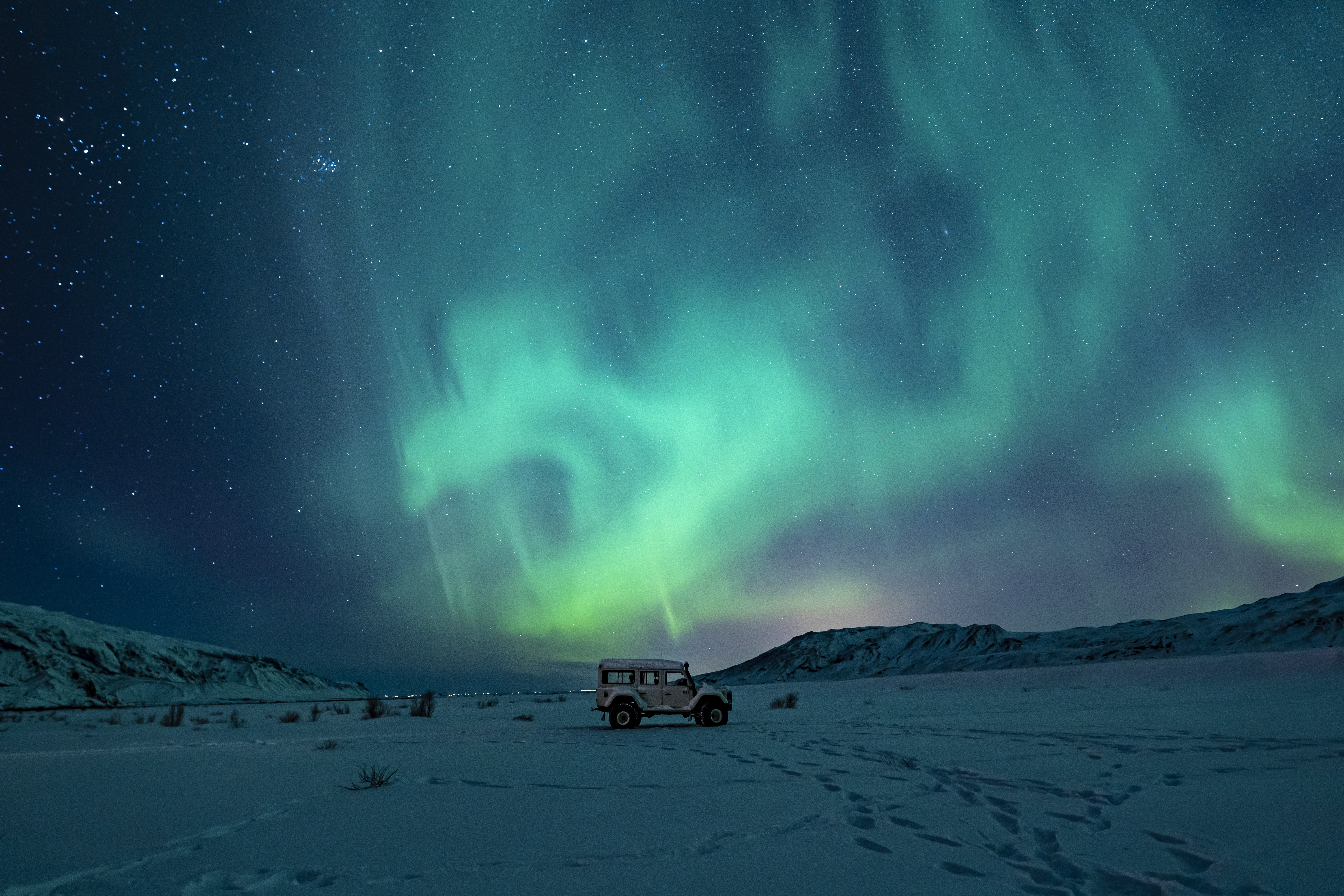 night, winter, cars, car, suv, machine, northern lights, aurora borealis