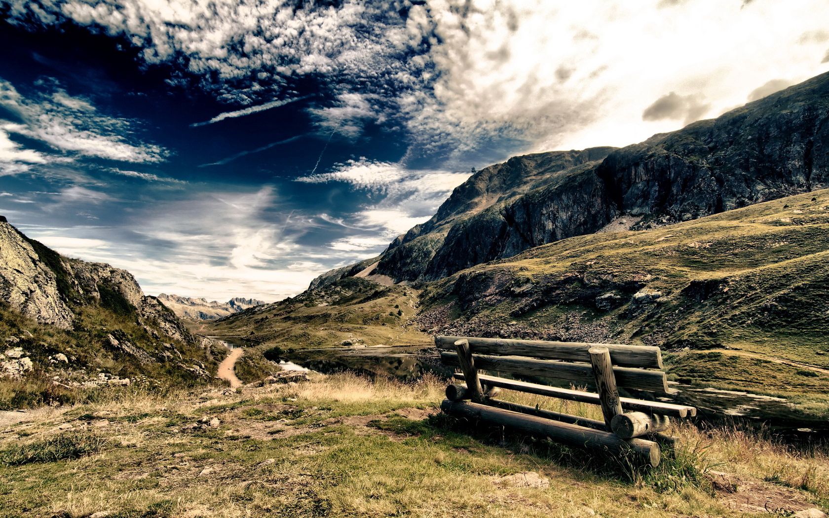 color, nature, sky, mountains, clouds, colors, bench, paints, air Full HD