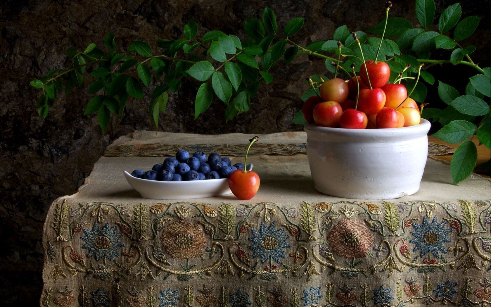 berries, table, tablecloth, bilberries, sweet cherry, branch, still life, food