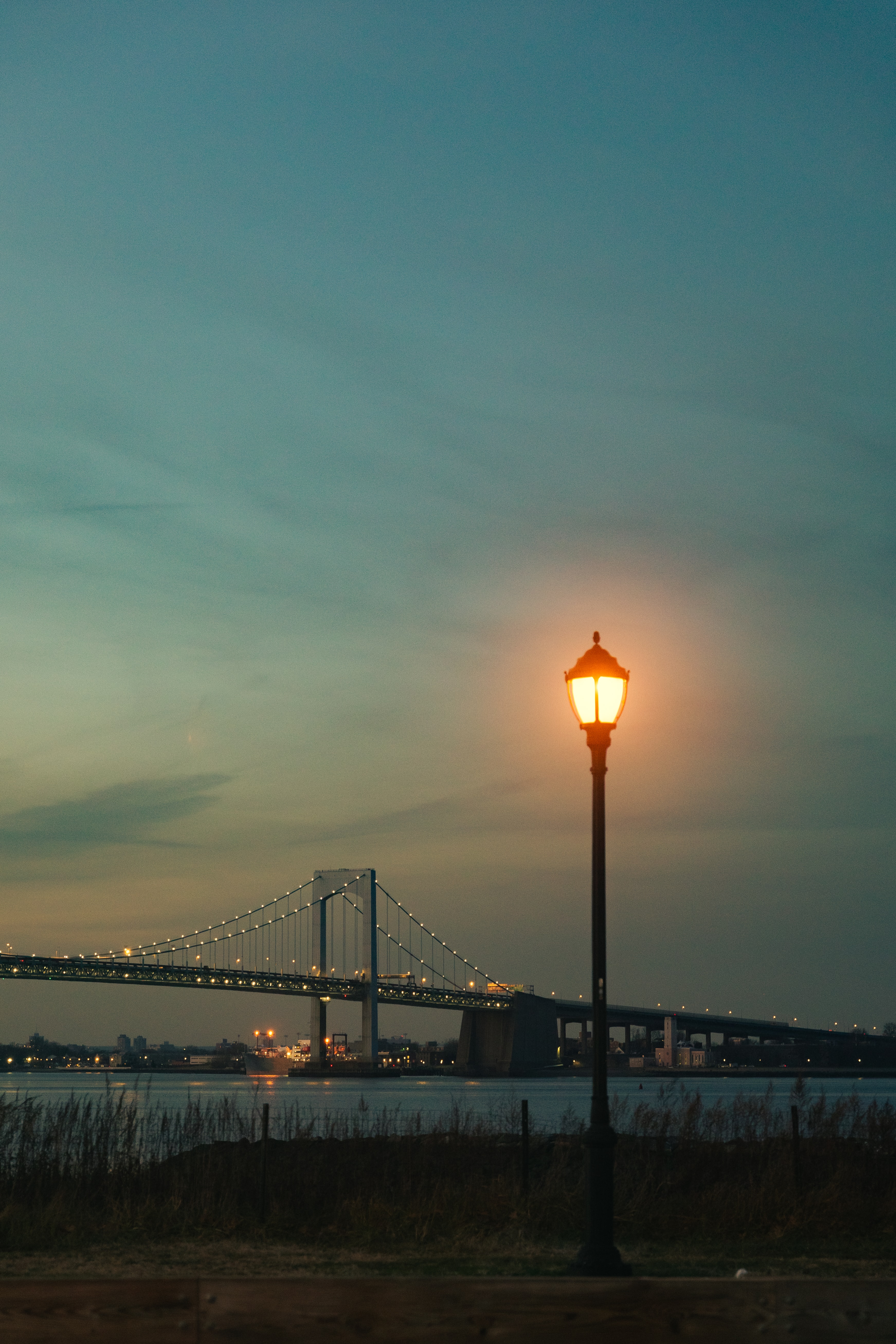 evening, lamp, bridge, dusk, lantern, twilight, nature, view 32K