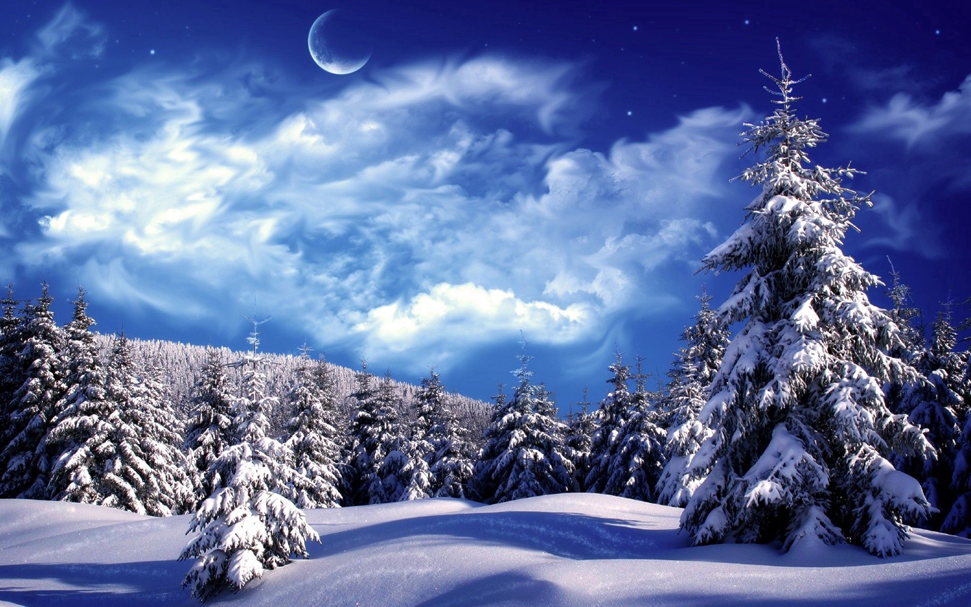 Laden Sie das Schnee, Natur, Bäume, Sky, Clouds, Mond, Driften, Driftet, Aß, Aßen-Bild kostenlos auf Ihren PC-Desktop herunter