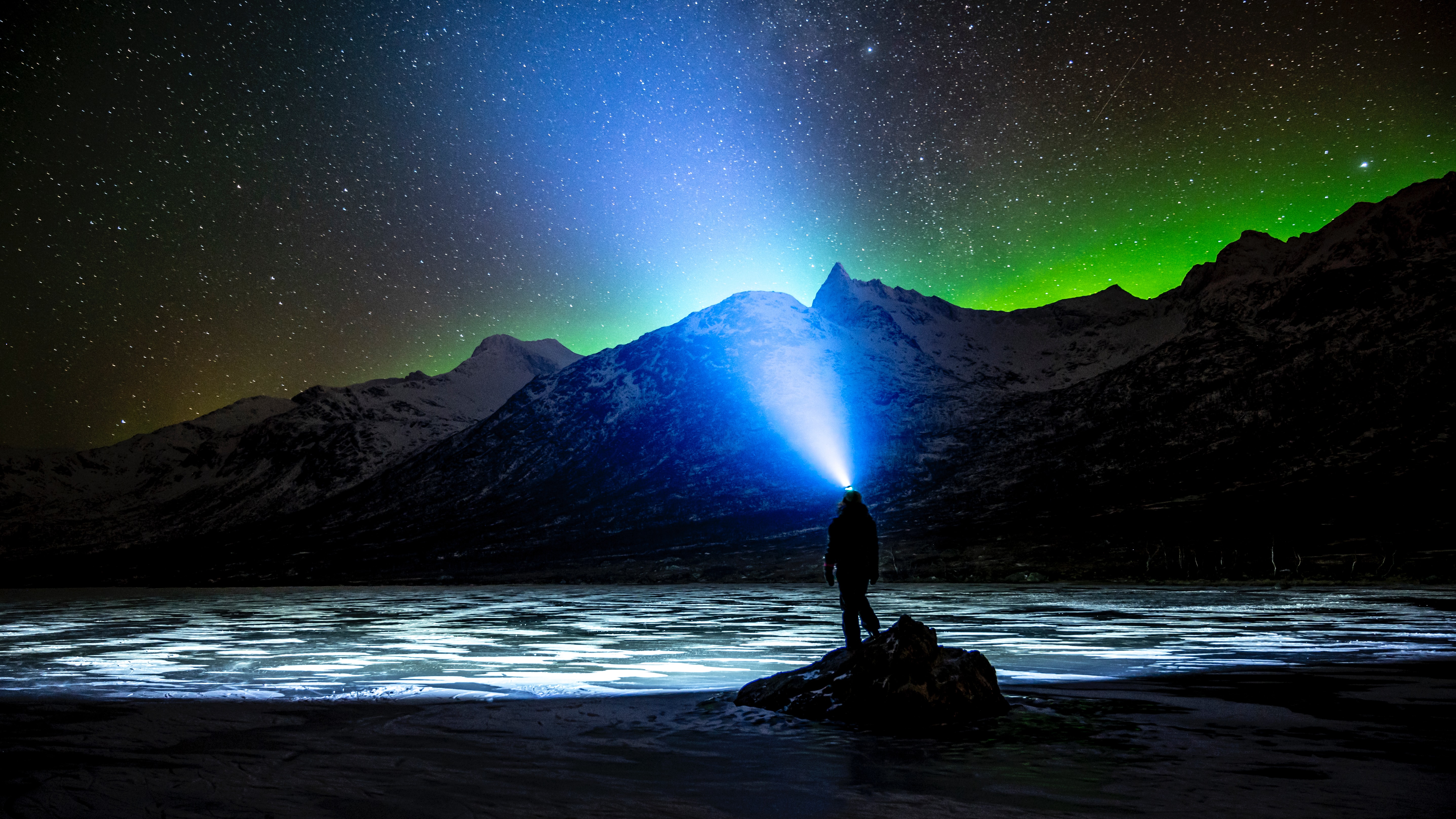 aurora borealis, northern lights, night, dark, starry sky, human, person, flashlight