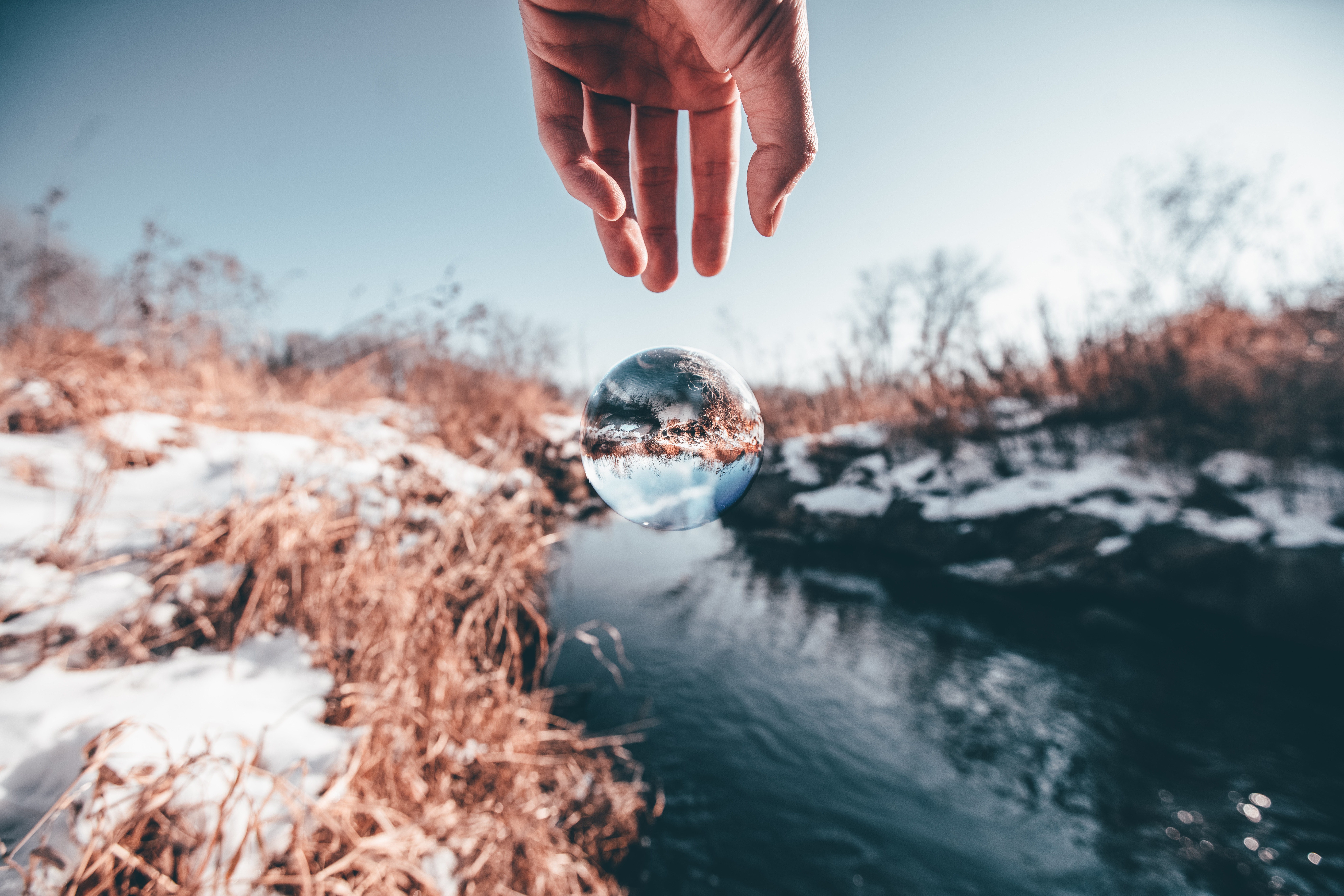 ball, winter, snow, transparent, macro, hand, glass
